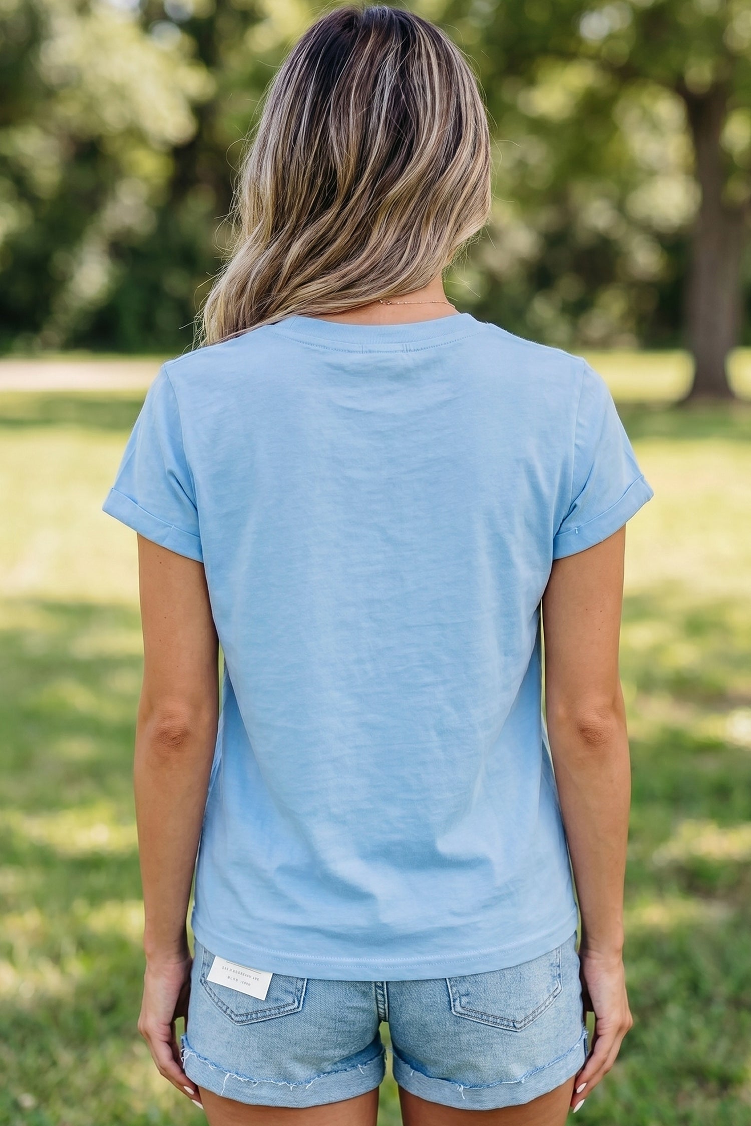 Mist Blue Usa Flag Textured Patchwork Cap Sleeve Tee-Tops/Tops & Tees-[Adult]-[Female]-2022 Online Blue Zone Planet