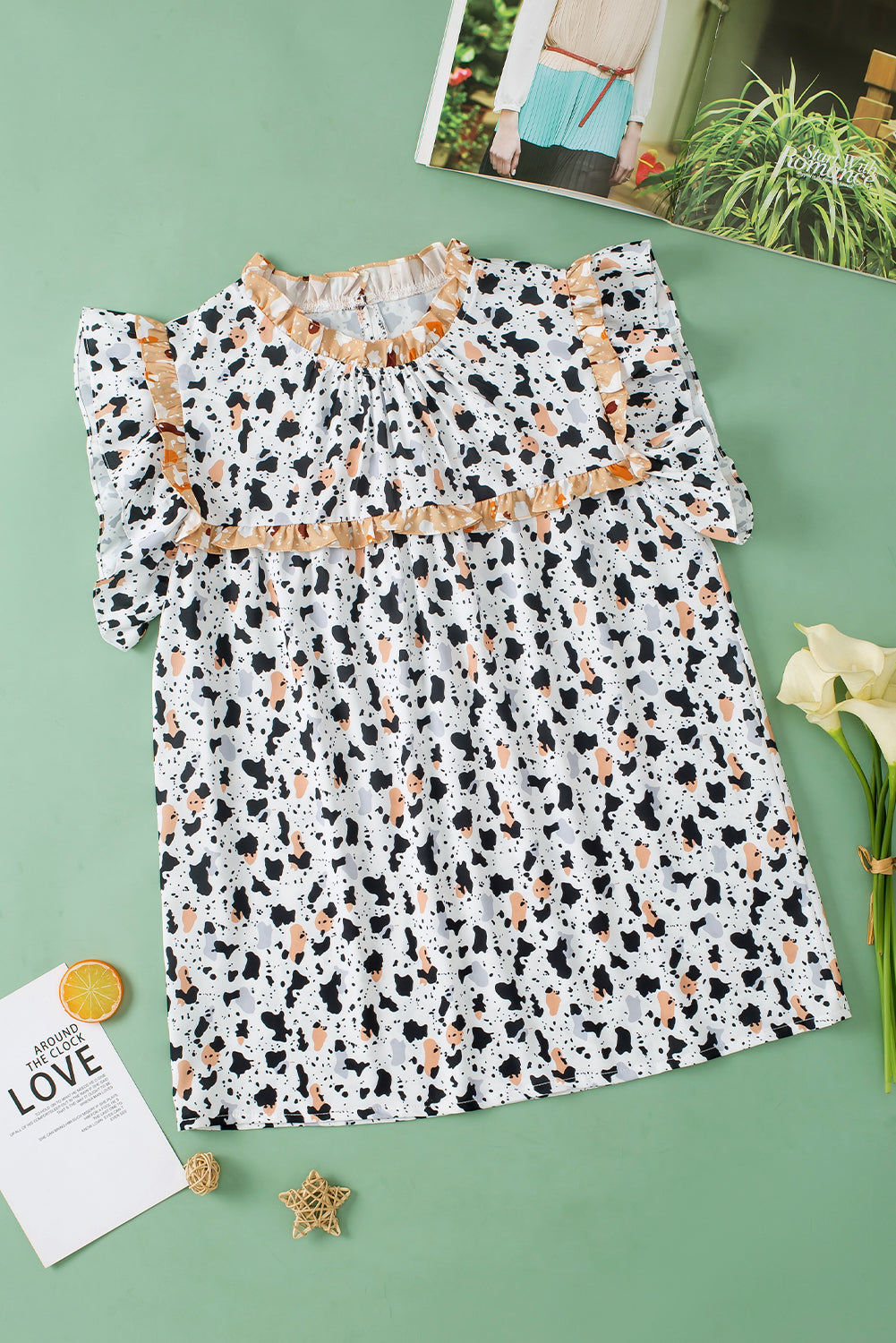 White Frilly Trim Leopard Animal Spots Blouse-Tops/Blouses & Shirts-[Adult]-[Female]-2022 Online Blue Zone Planet