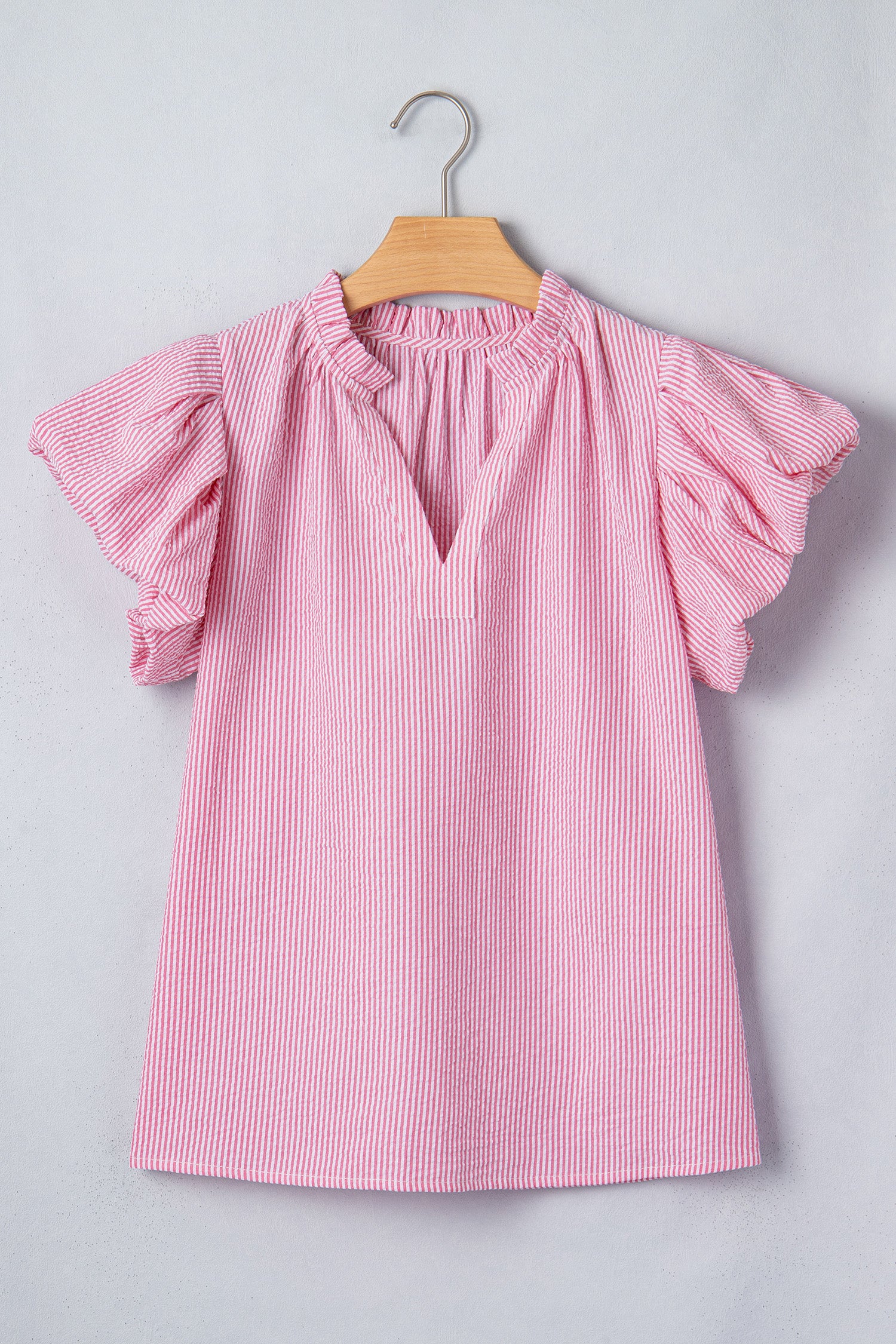 Rose Stripe Short Bubble Sleeve Split V Neck Blouse-Tops/Blouses & Shirts-[Adult]-[Female]-Rose Stripe-S-2022 Online Blue Zone Planet