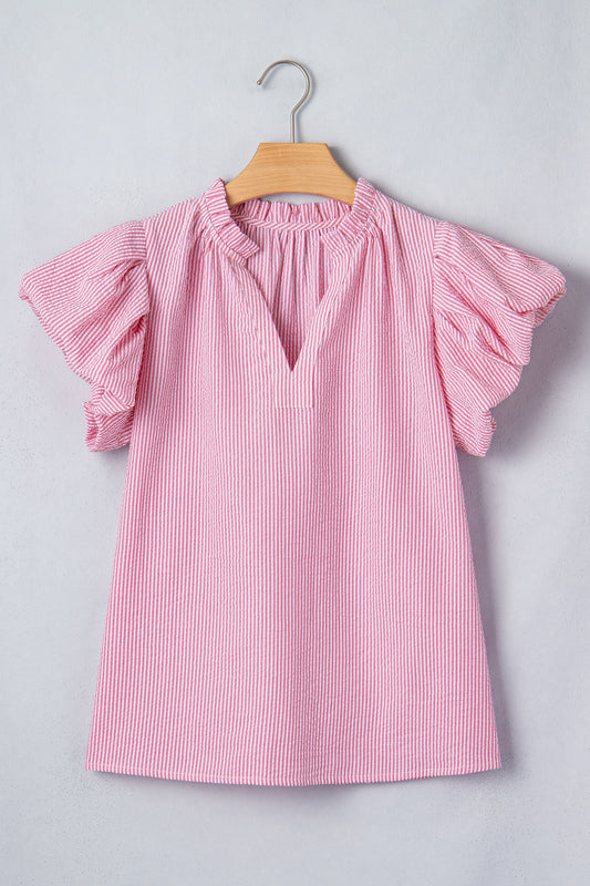Rose Stripe Short Bubble Sleeve Split V Neck Blouse-Tops/Blouses & Shirts-[Adult]-[Female]-Rose Stripe-S-2022 Online Blue Zone Planet