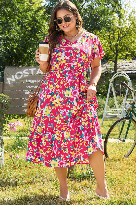 Pink Floral Print V Neck Pocketed High Waist Plus Size Midi Dress-Plus Size/Plus Size Dresses/Plus Size Midi Dresses-[Adult]-[Female]-Pink-1X-2022 Online Blue Zone Planet