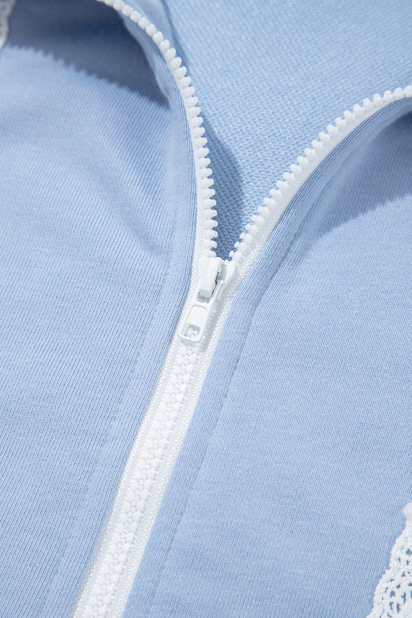 Sky Blue Lace Accent Zipped Collar Short Sleeve Top Sweatpants Set-Two Piece Sets/Pant Sets-[Adult]-[Female]-2022 Online Blue Zone Planet