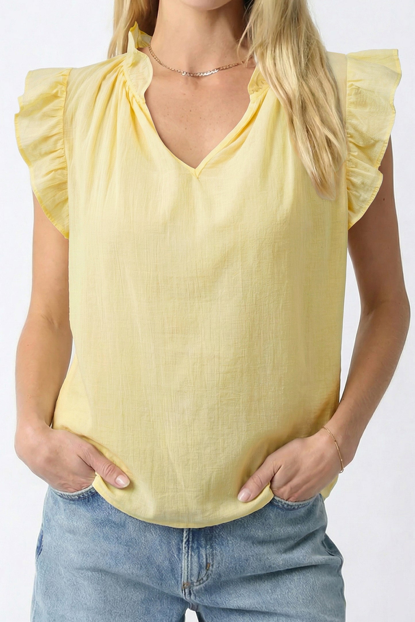 Yellow Cream V Neck Ruffle Trim Sleeveless Shift Top-Tops/Tank Tops-[Adult]-[Female]-2022 Online Blue Zone Planet