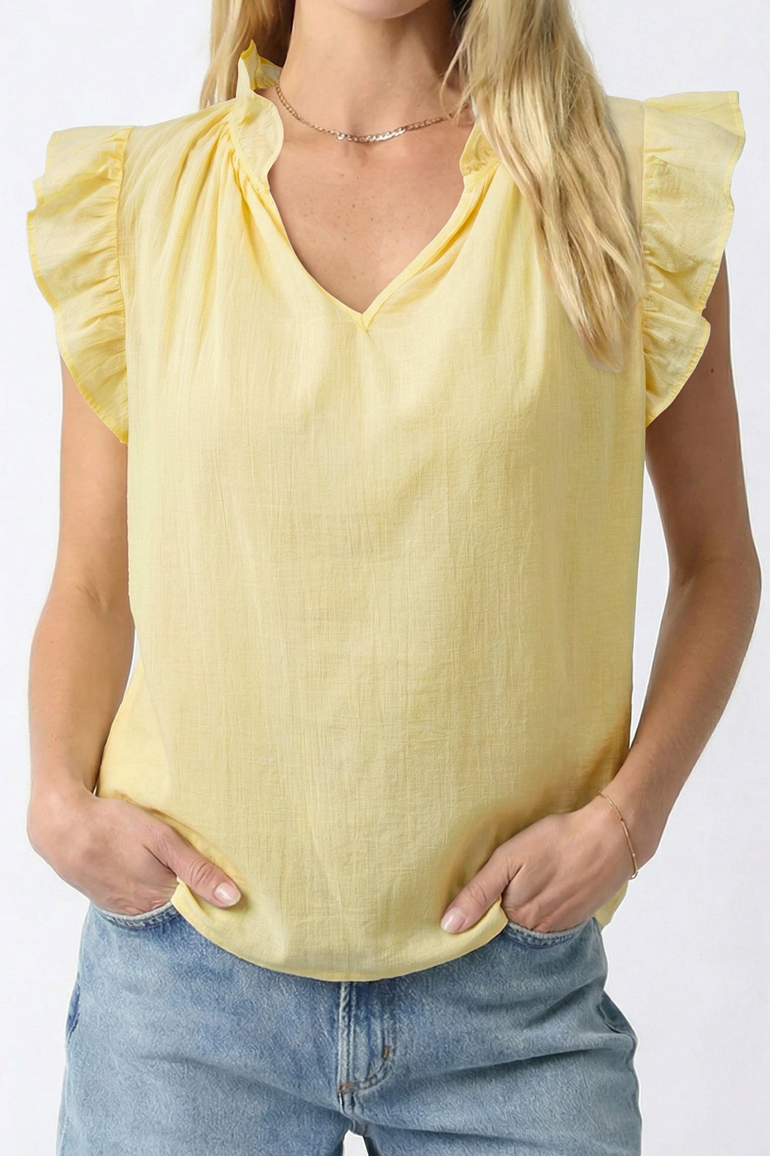 Yellow Cream V Neck Ruffle Trim Sleeveless Shift Top-Tops/Tank Tops-[Adult]-[Female]-2022 Online Blue Zone Planet