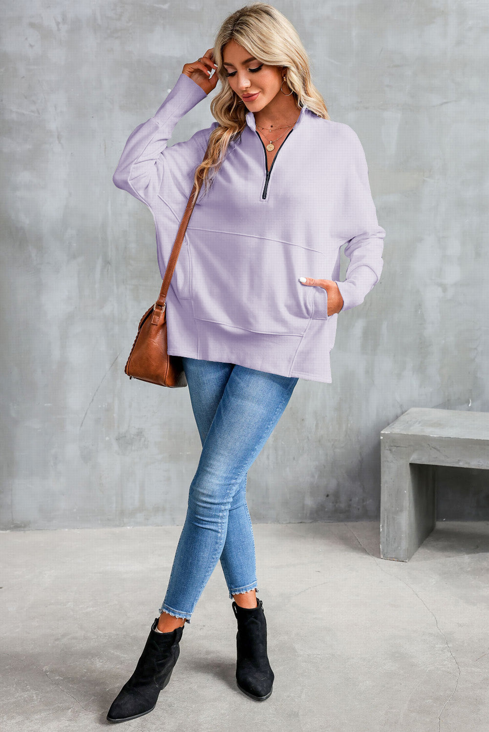 Half Zip Pocketed Dropped Shoulder Sweatshirt-TOPS / DRESSES-[Adult]-[Female]-2022 Online Blue Zone Planet