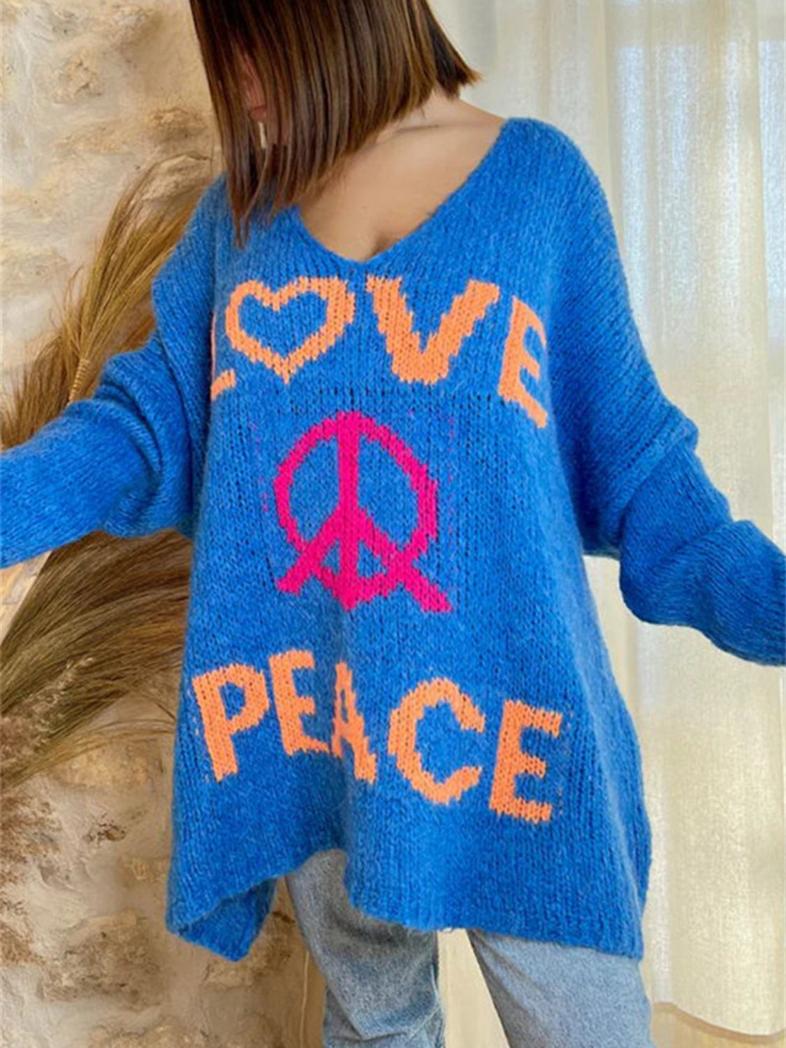 Peace Graphic V-Neck Long Sleeve Sweater-TOPS / DRESSES-[Adult]-[Female]-2022 Online Blue Zone Planet