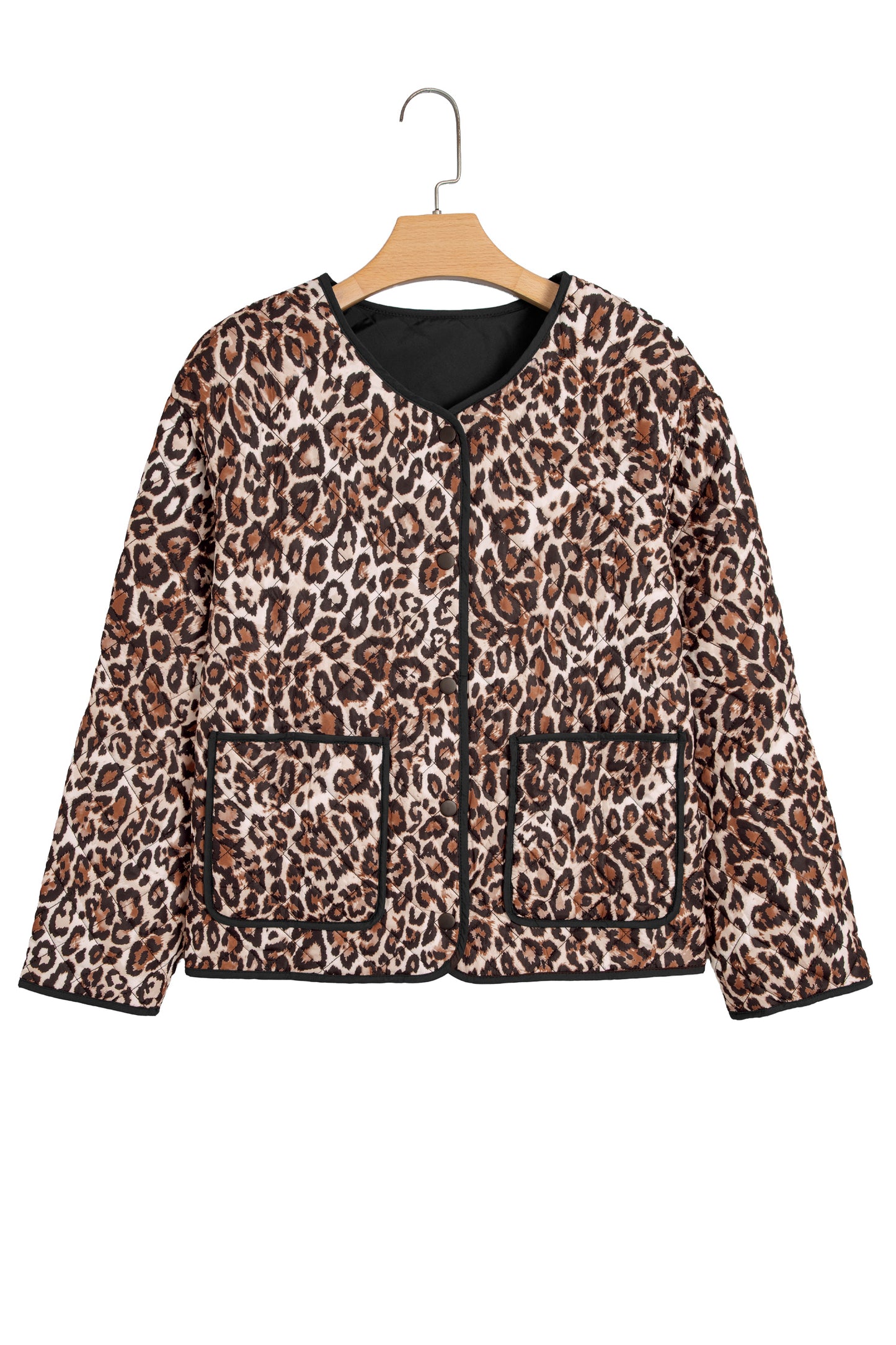 Brown Leopard Print Quilted Button Front Patch Pockets Jacket-Outerwear/Jackets-[Adult]-[Female]-2022 Online Blue Zone Planet
