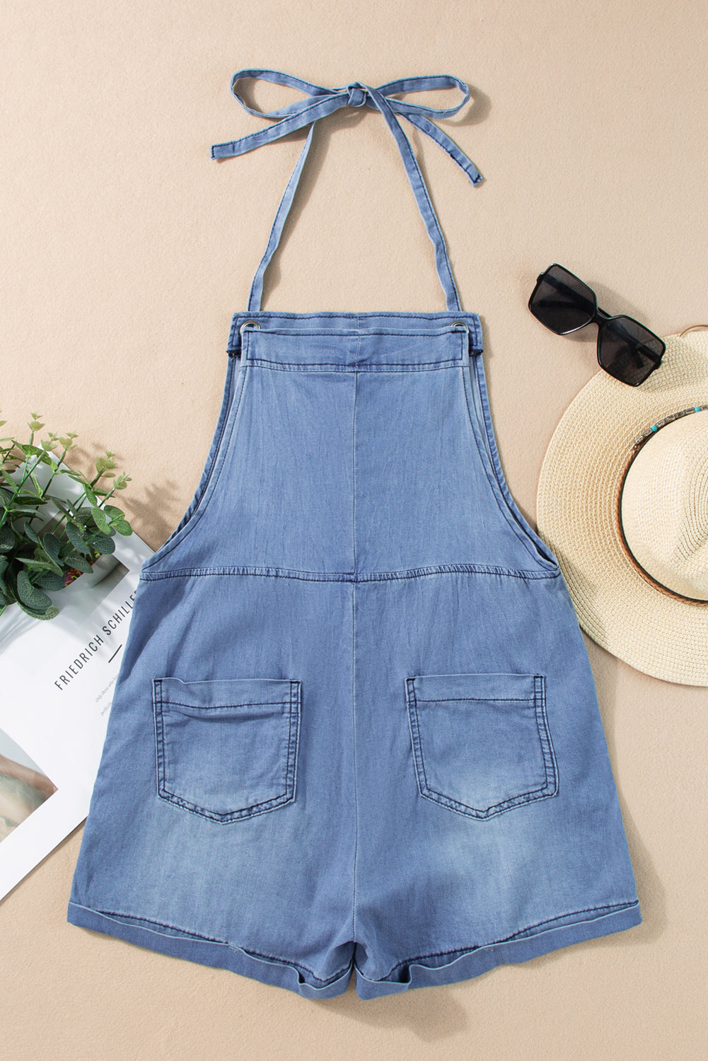 Light Blue Grommet Tie Straps Denim Romper Blue Zone Planet