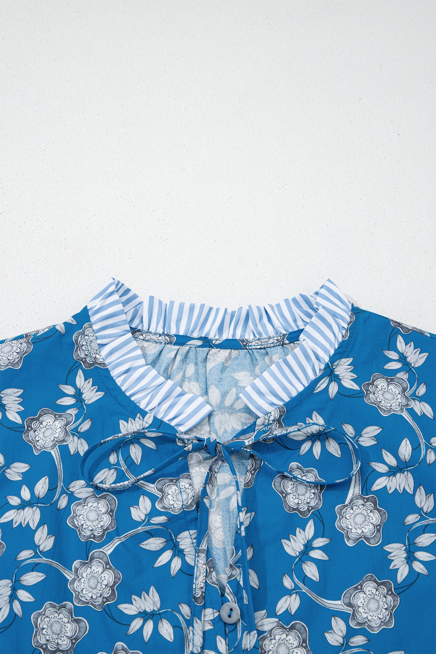 Blue Floral Print Button Tie Neck Striped Detail Short Sleeve Blouse-Tops/Blouses & Shirts-[Adult]-[Female]-2022 Online Blue Zone Planet