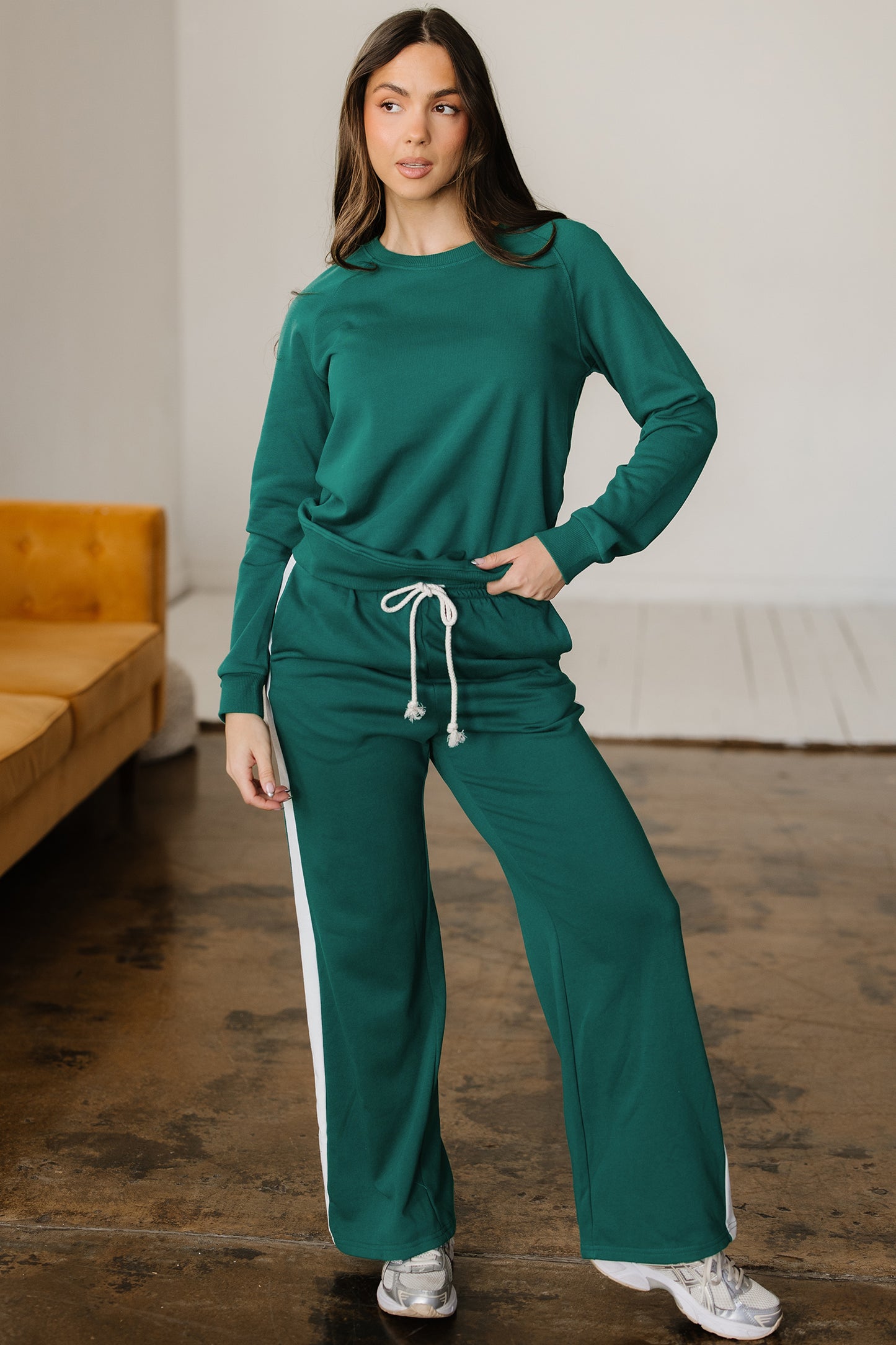 Sea Green Solid Color Pullover Top Varsity Stripe Detail Loose Drawstring Pants Set-Two Piece Sets/Pant Sets-[Adult]-[Female]-2022 Online Blue Zone Planet