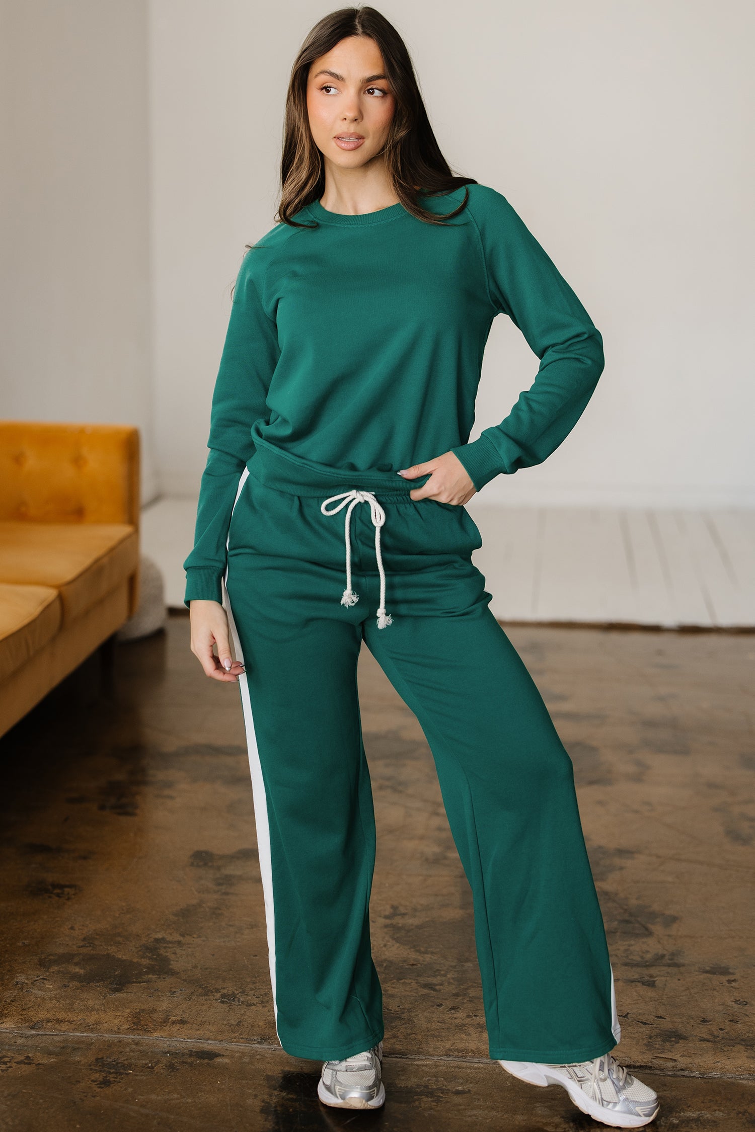 Sea Green Solid Color Pullover Top Varsity Stripe Detail Loose Drawstring Pants Set-Two Piece Sets/Pant Sets-[Adult]-[Female]-2022 Online Blue Zone Planet