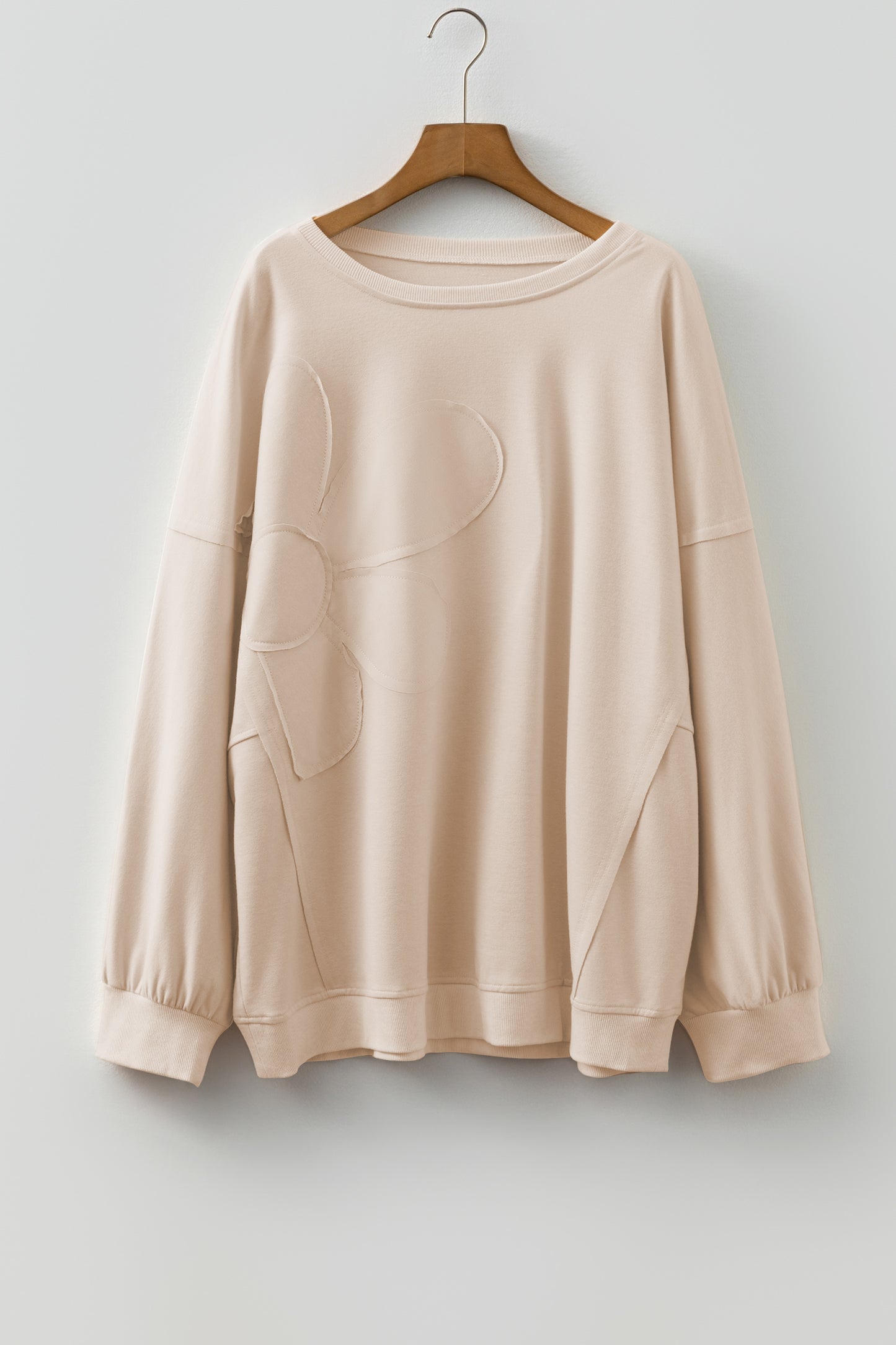 Beige Flower Patched Mineral Wash Round Neck Plus Size Top-Plus Size/Plus Size Tops/Plus Size Long Sleeve Tops-[Adult]-[Female]-2022 Online Blue Zone Planet
