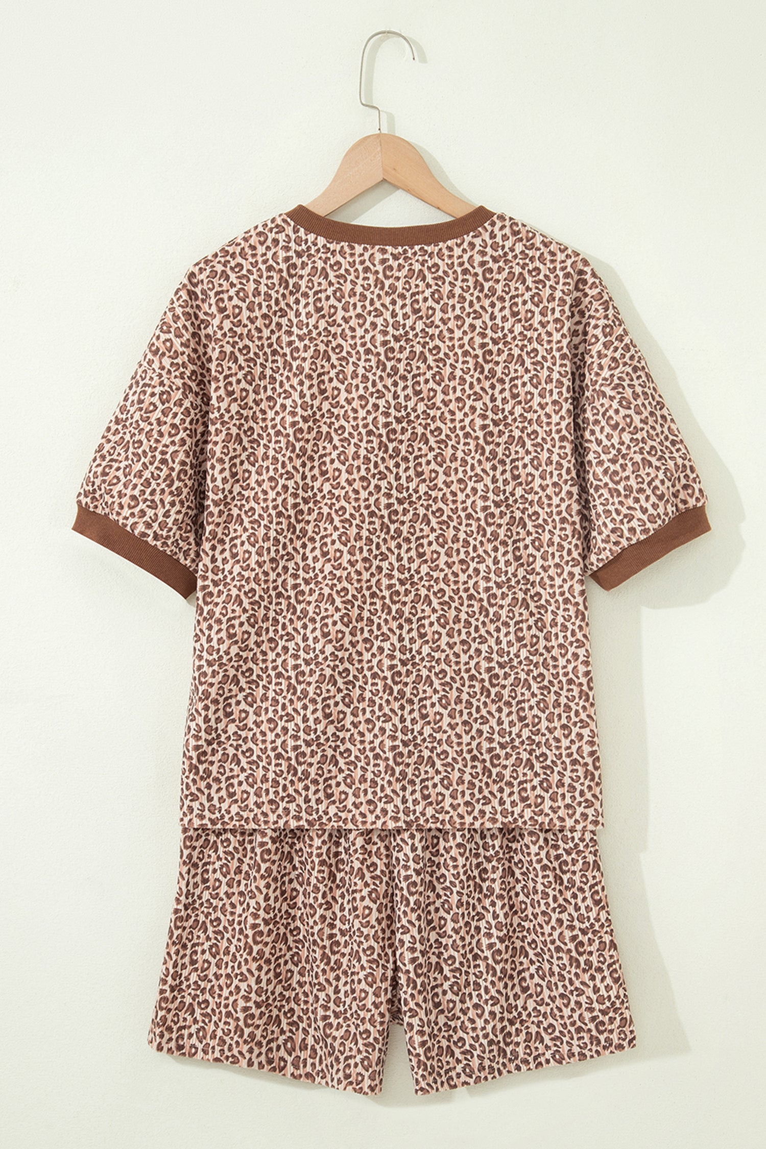 Brown Leopard Print Ribbed Patchwork Half Button Loose Tee Elastic Waist Short 2pcs Set-Two Piece Sets/Short Sets-[Adult]-[Female]-2022 Online Blue Zone Planet
