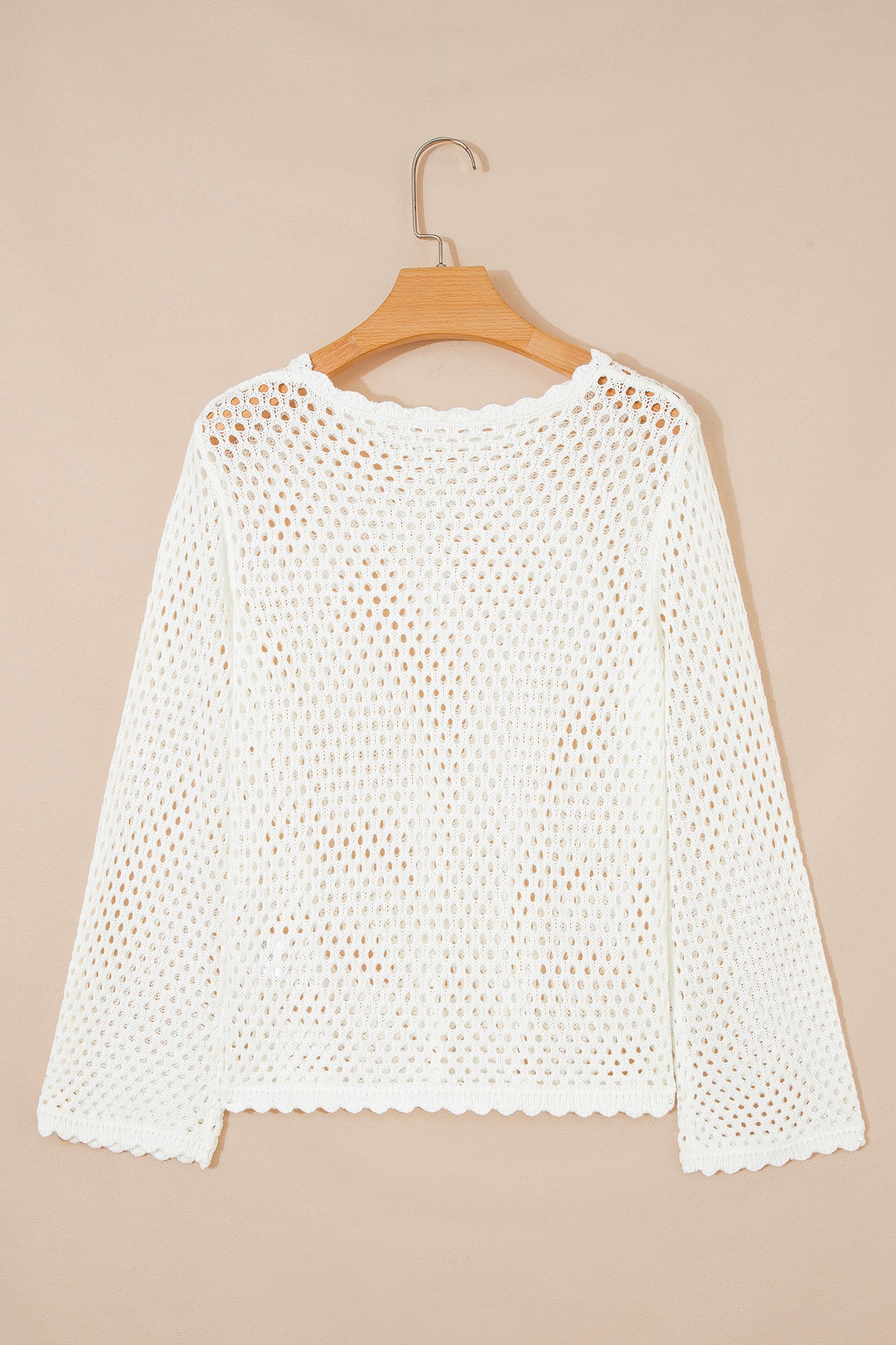 Yellow Cream Scalloped Trim Hollow Out Knit Long Sleeve Top-Sweaters & Cardigans/Sweaters-[Adult]-[Female]-2022 Online Blue Zone Planet