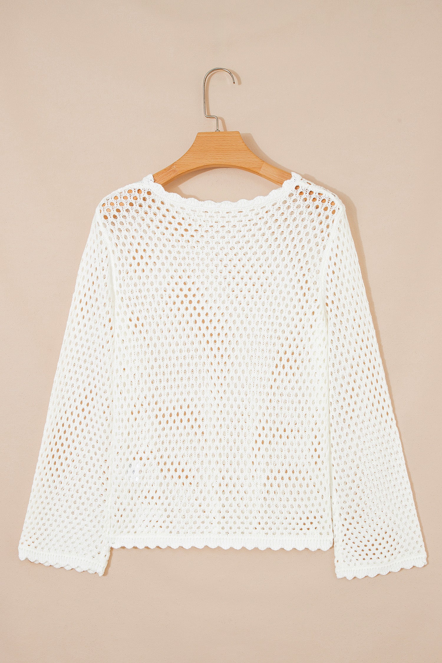 Yellow Cream Scalloped Trim Hollow Out Knit Long Sleeve Top-Sweaters & Cardigans/Sweaters-[Adult]-[Female]-2022 Online Blue Zone Planet