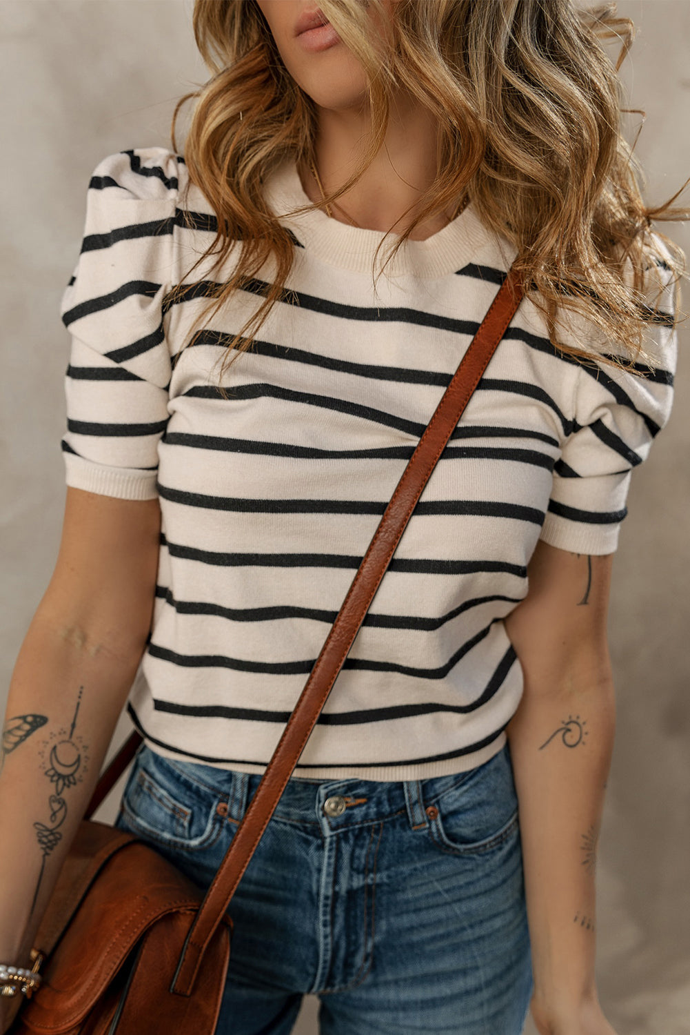 Black Stripe Ribbed Trim Round Neck Bubble Sleeve Knitted Top-Sweaters & Cardigans/Short Sleeve Sweaters-[Adult]-[Female]-2022 Online Blue Zone Planet