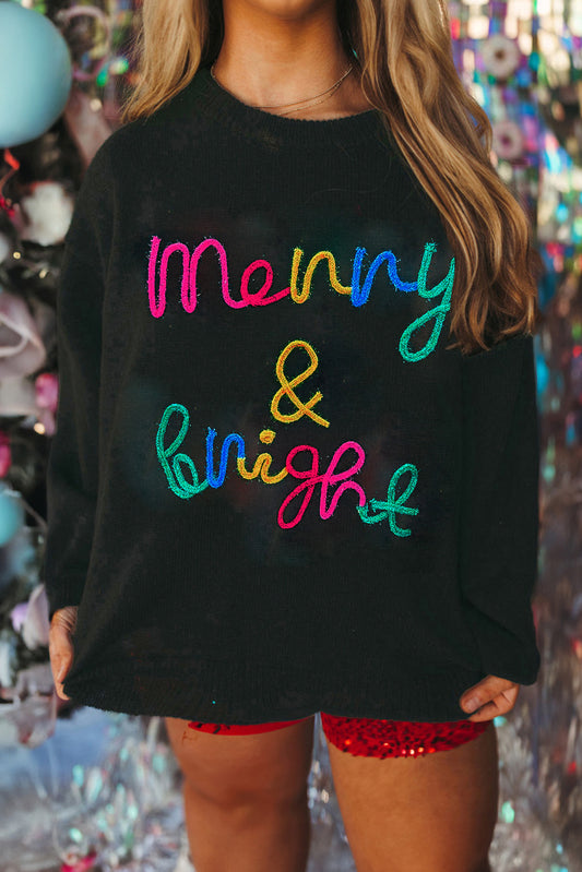 Blue Zone Planet | Black Tinsel Merry & Bright Round Neck Plus Size Sweater-Plus Size/Plus Size Sweaters & Cardigans-[Adult]-[Female]-Black-1X-2022 Online Blue Zone Planet