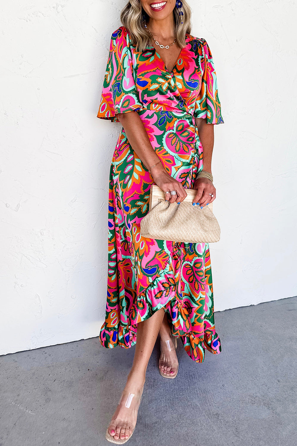 Rose Summer Plant Print Surpliced V Neck Ruffled Asymmetric Slit Wide Short Sleeve Maxi Dress by Blue Zone Planet