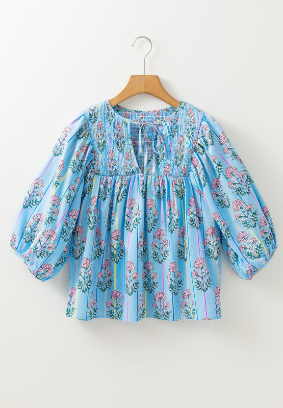 Smocked Floral Print Tie Neck Blouse-TOPS / DRESSES-[Adult]-[Female]-2022 Online Blue Zone Planet