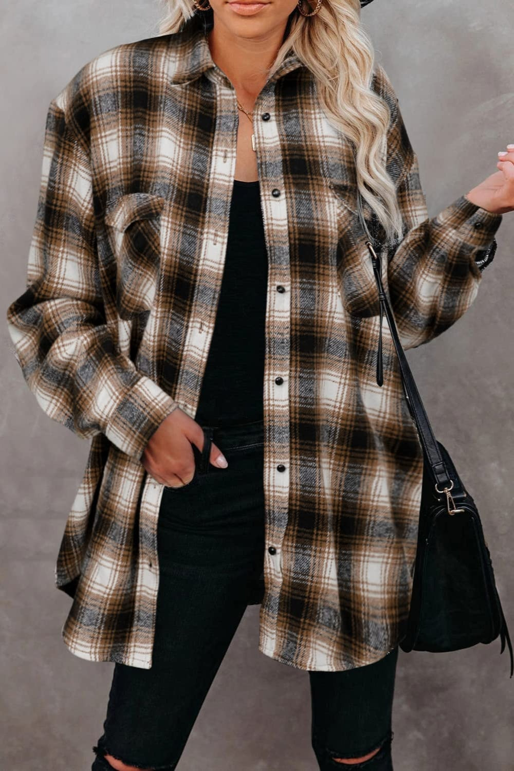 Full Size Plaid Collared Neck Long Sleeve Shirt-TOPS / DRESSES-[Adult]-[Female]-Coffee Brown-S-2022 Online Blue Zone Planet