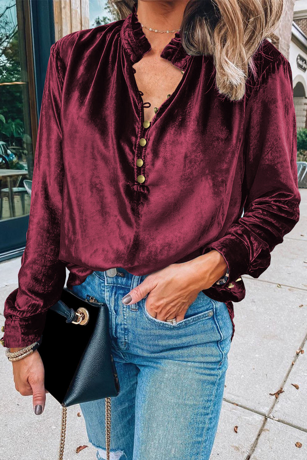 Burgundy Frilled Neck Buttoned Front Velvet Top-Tops/Blouses & Shirts-[Adult]-[Female]-Biking Red-S-2022 Online Blue Zone Planet