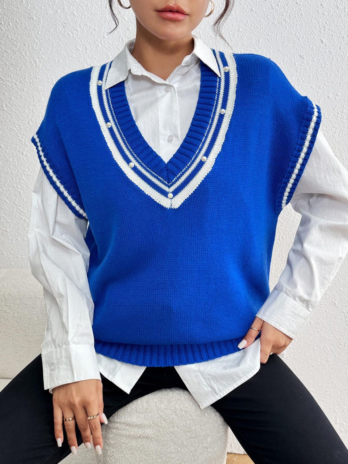 Pearl Trim Contrast V-Neck Sweater Vest-TOPS / DRESSES-[Adult]-[Female]-2022 Online Blue Zone Planet