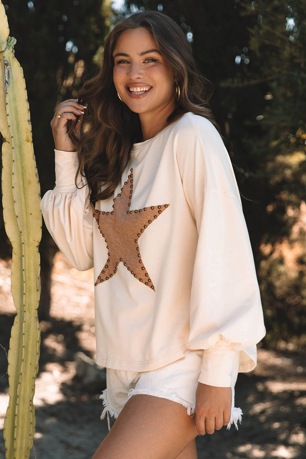 Apricot Studded Star Graphic Oversized Long Sleeve Top-Tops/Long Sleeve Tops-[Adult]-[Female]-2022 Online Blue Zone Planet