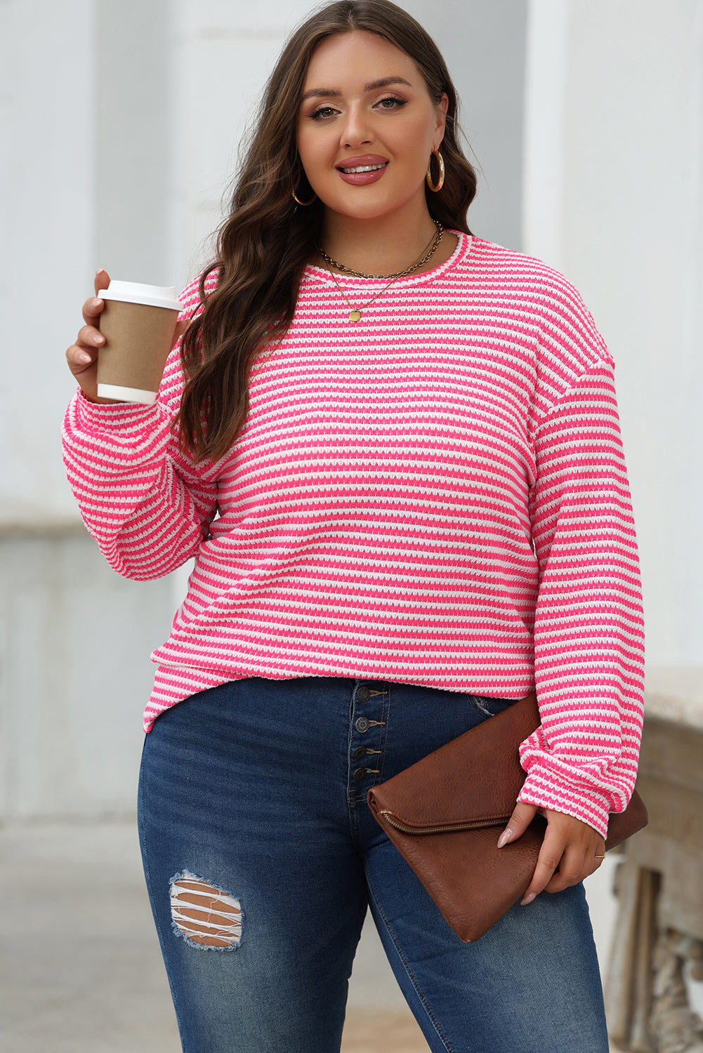 Blue Zone Planet | Rose Stripe Round Neck Drop Shoulder Long Sleeve Top-Tops/Long Sleeve Tops-[Adult]-[Female]-2022 Online Blue Zone Planet