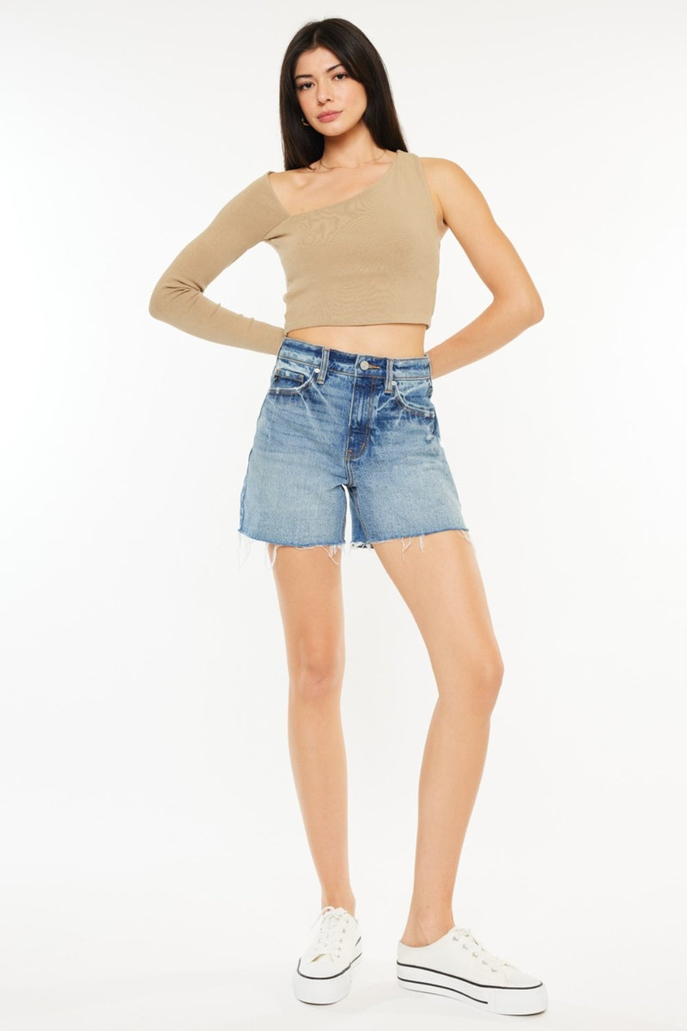 Kancan Full Size Raw Hem High Waist Denim Shorts-TOPS / DRESSES-[Adult]-[Female]-Medium-1-2022 Online Blue Zone Planet