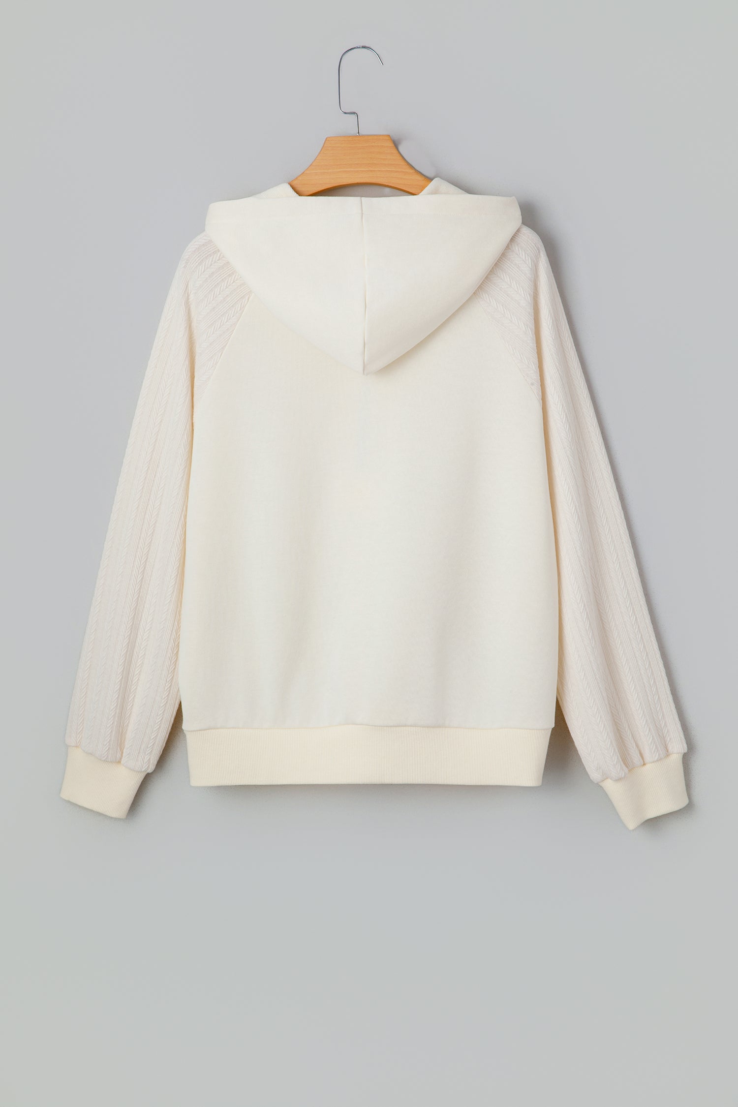 Beige Solid Color Textured Sleeve Patchwork Half Zip Hoodie-Tops/Sweatshirts & Hoodies-[Adult]-[Female]-2022 Online Blue Zone Planet