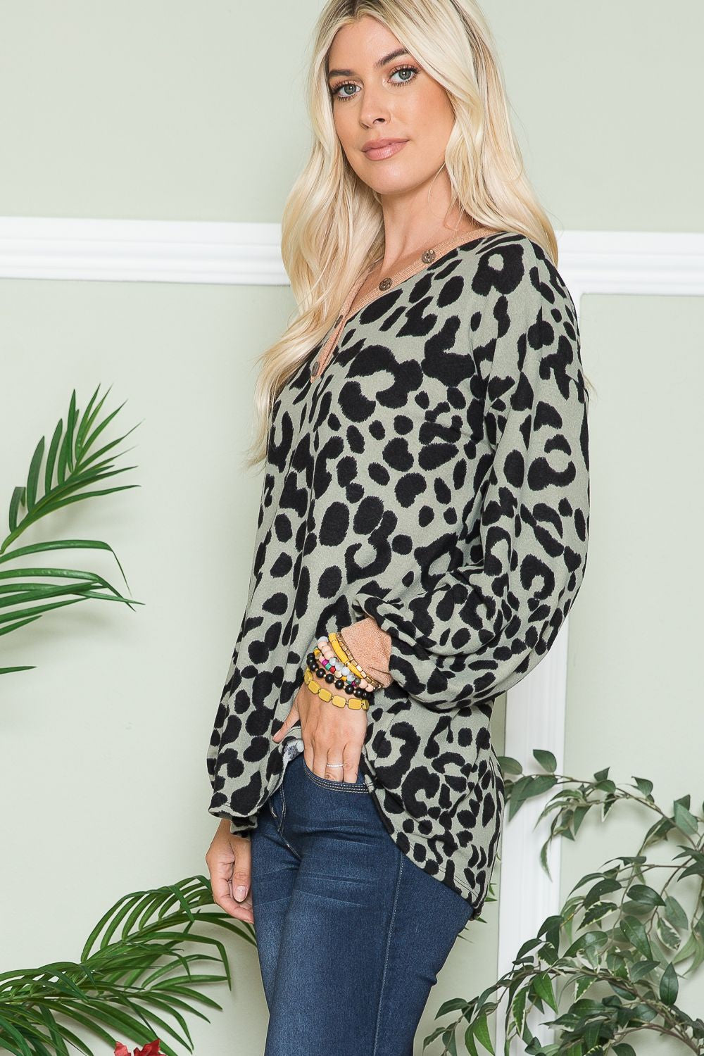 Blue Zone Planet | Celeste Full Size Leopard V-Neck Long Sleeve Blouse-TOPS / DRESSES-[Adult]-[Female]-2022 Online Blue Zone Planet