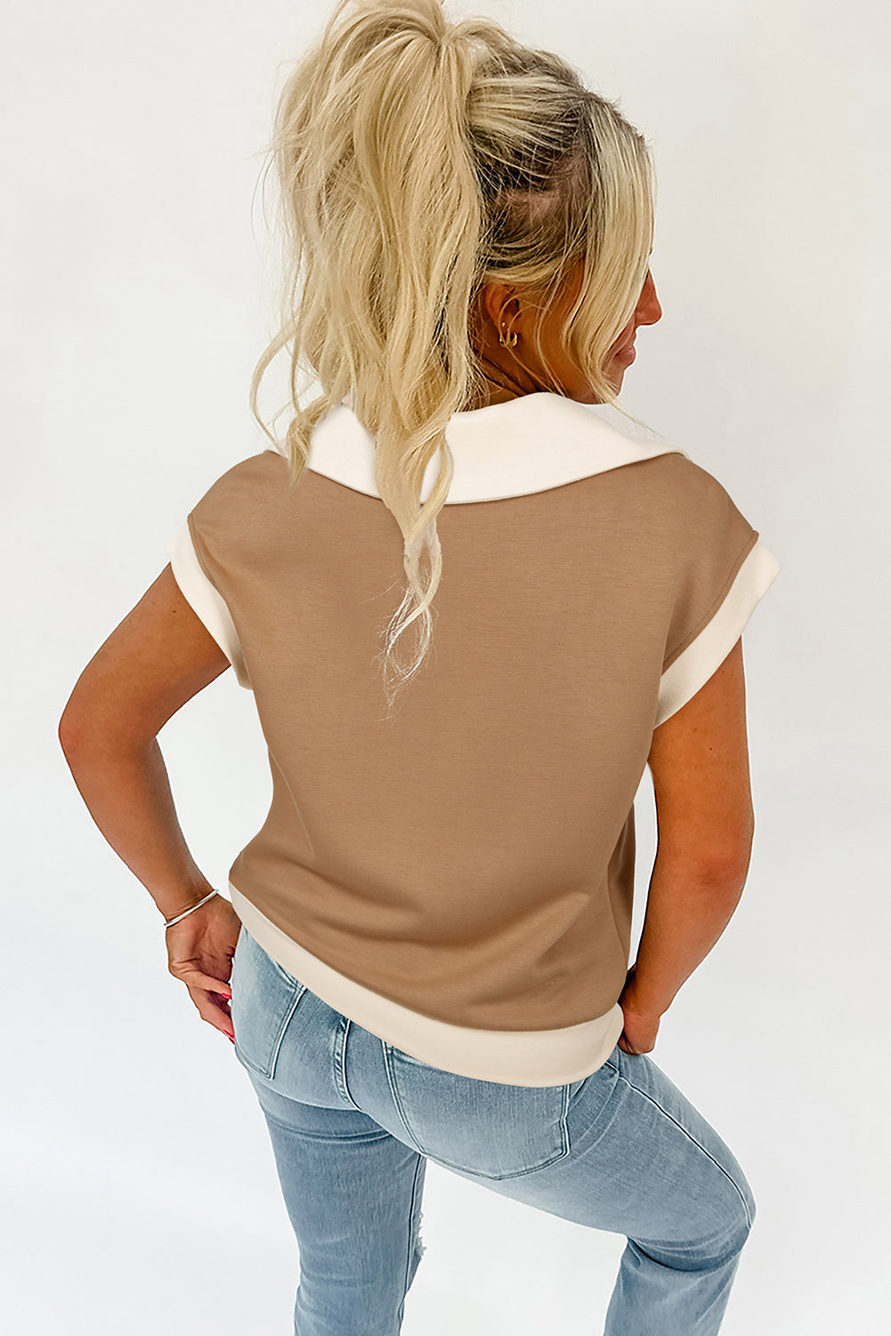 Simply Taupe Half Zipper Collared Colorblock Short Sleeve Top-Tops/Tops & Tees-[Adult]-[Female]-2022 Online Blue Zone Planet