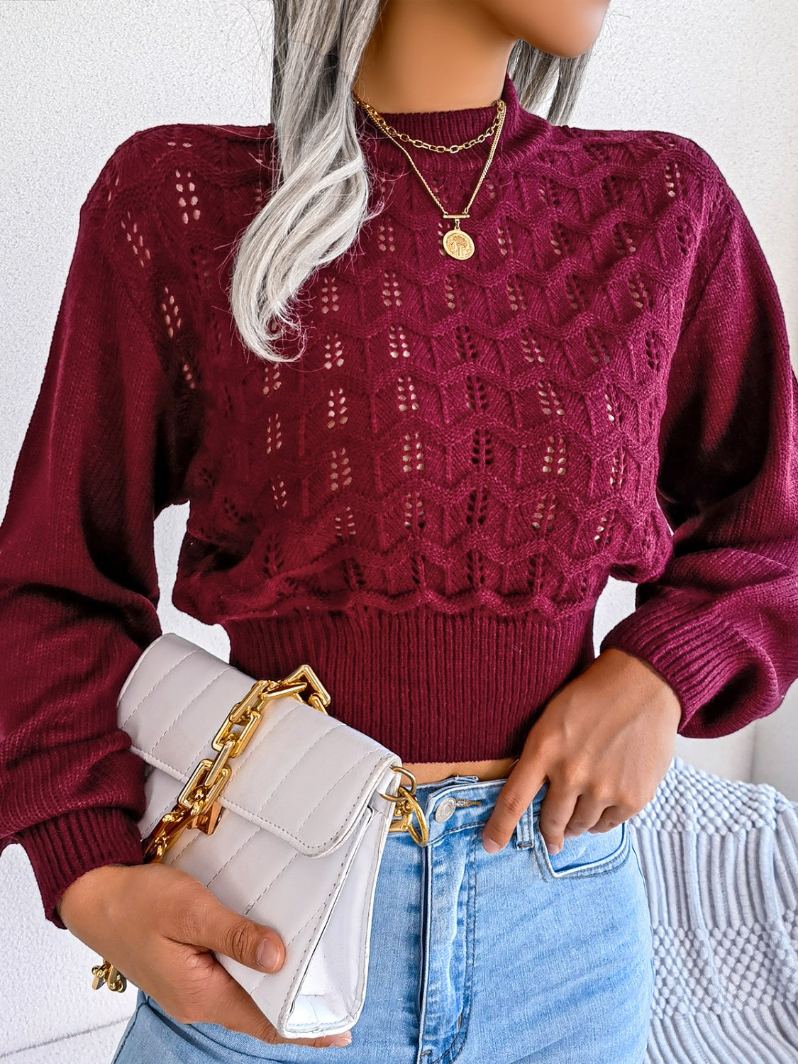 Blue Zone Planet | Openwork Mock Neck Long Sleeve Cropped Sweater-TOPS / DRESSES-[Adult]-[Female]-2022 Online Blue Zone Planet