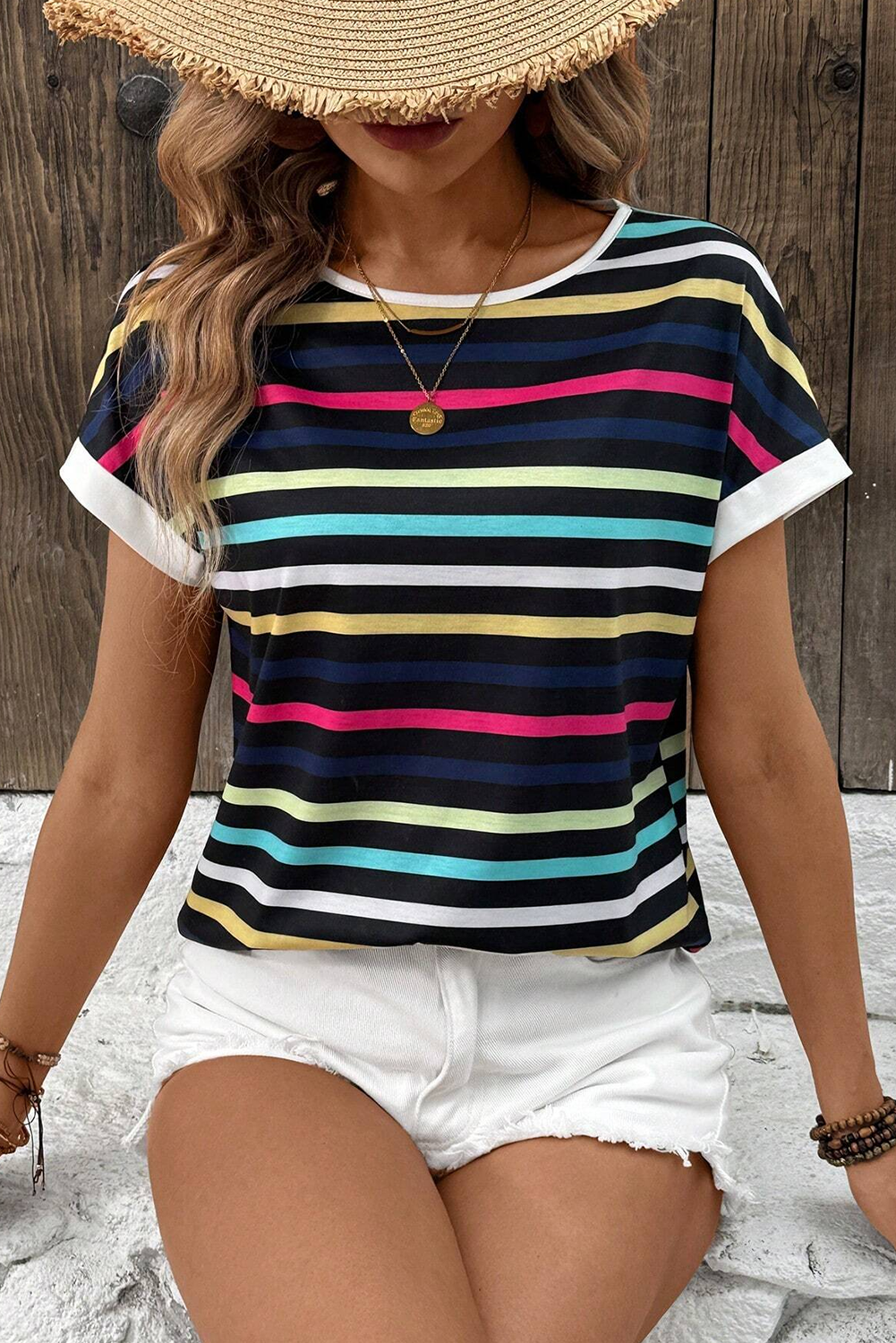 Black Stripe Multicolor Contrast Edge Crew Neck T Shirt-Tops/Tops & Tees-[Adult]-[Female]-Black Stripe-S-2022 Online Blue Zone Planet