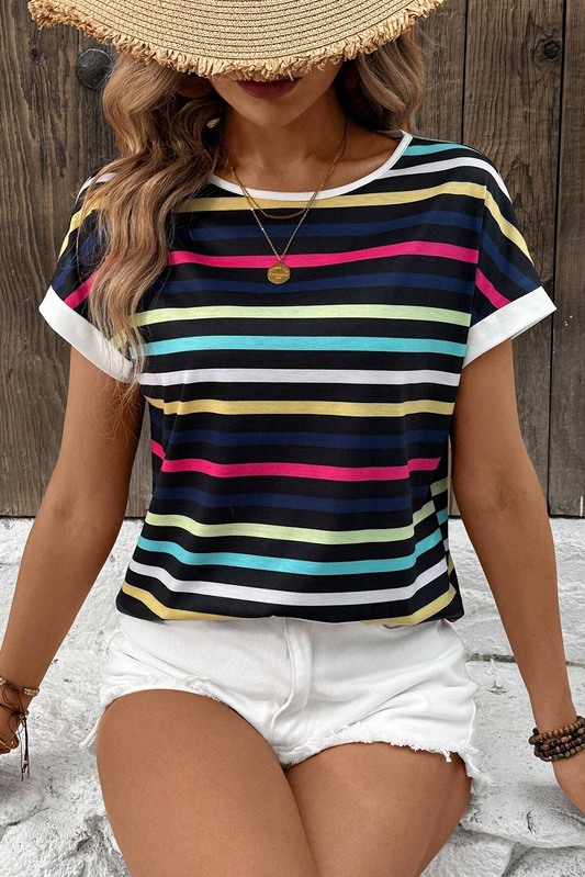 Black Stripe Multicolor Contrast Edge Crew Neck T Shirt-Tops/Tops & Tees-[Adult]-[Female]-Black Stripe-S-2022 Online Blue Zone Planet