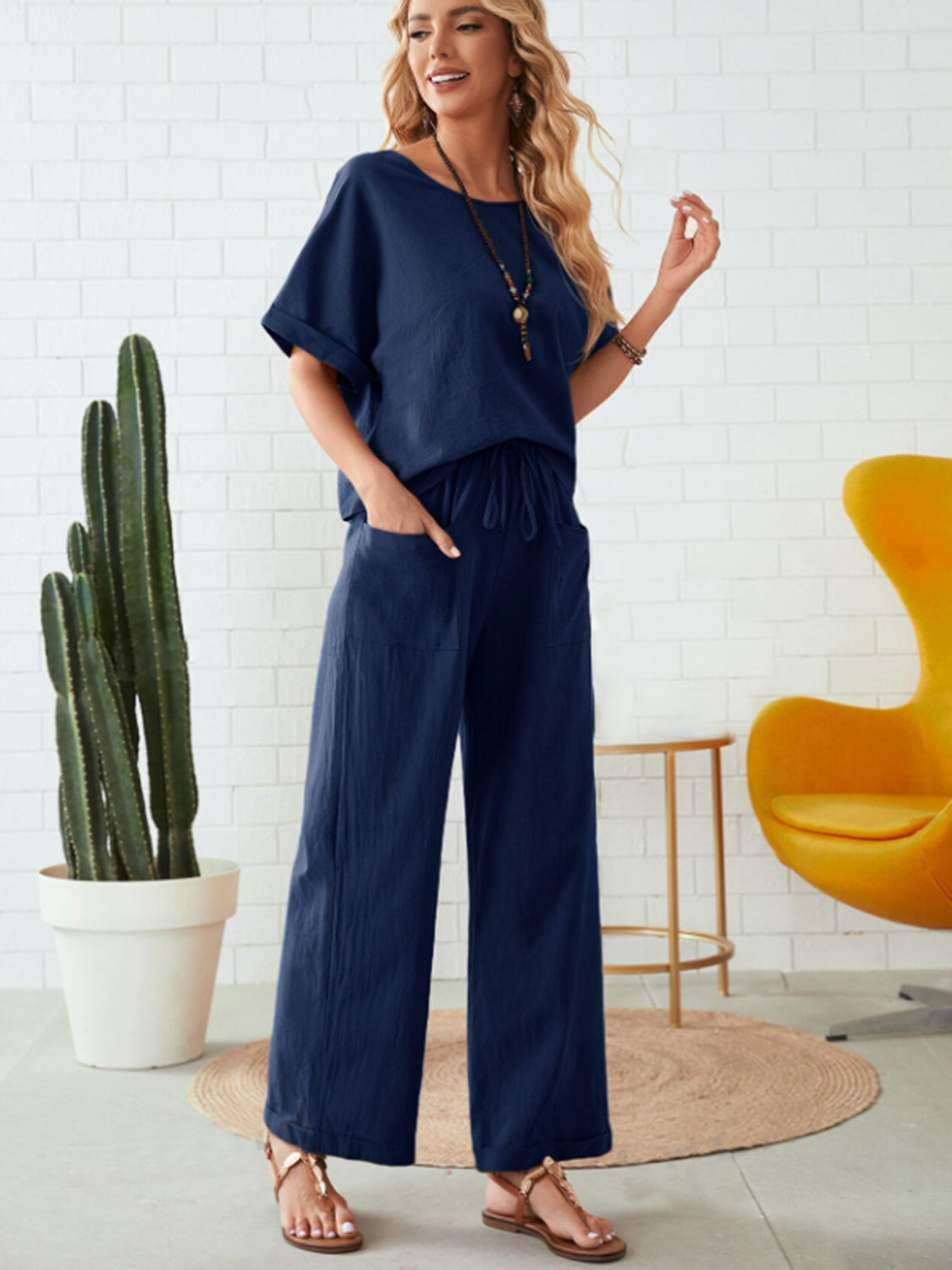 Blue Zone Planet | Round Neck Half Sleeve Top and Pocketed Pants Set-TOPS / DRESSES-[Adult]-[Female]-2022 Online Blue Zone Planet