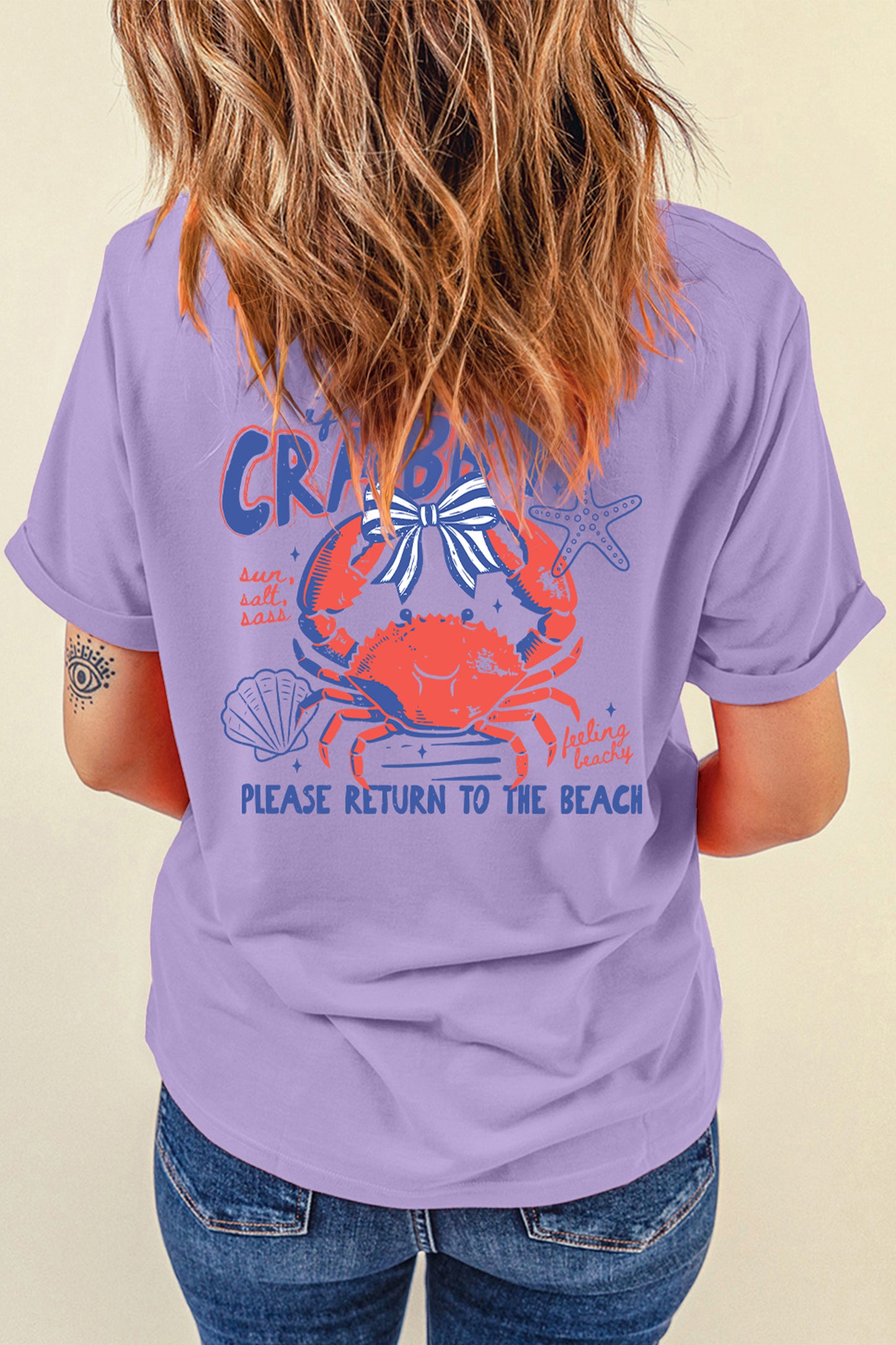 Orchid Petal CRABBY Beach Day Graphic T Shirt-Graphic/Graphic Tees-[Adult]-[Female]-2022 Online Blue Zone Planet
