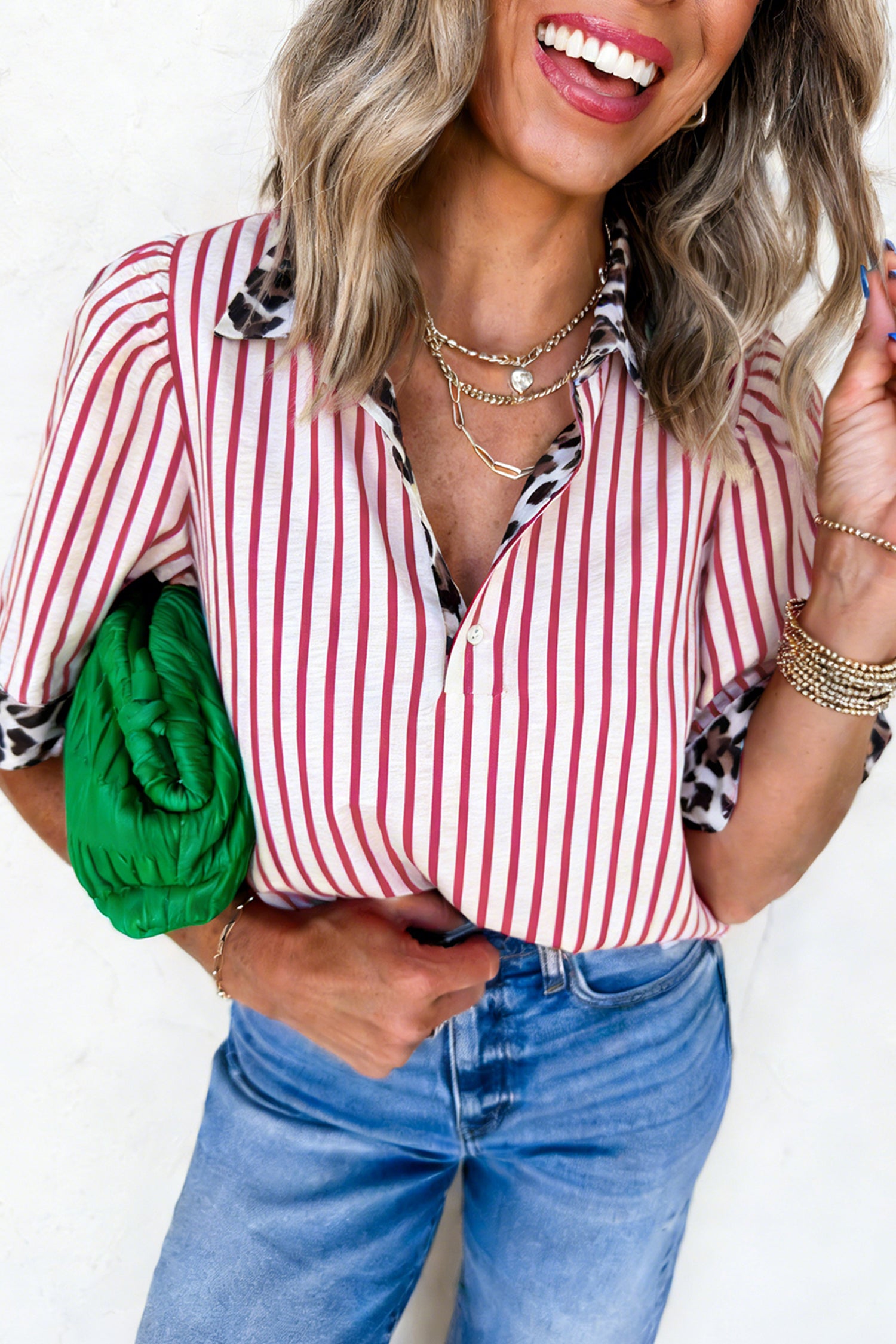 Red Stripe Leopard Contrast Trim Half Button Blouse-Tops/Blouses & Shirts-[Adult]-[Female]-Red Stripe-S-2022 Online Blue Zone Planet