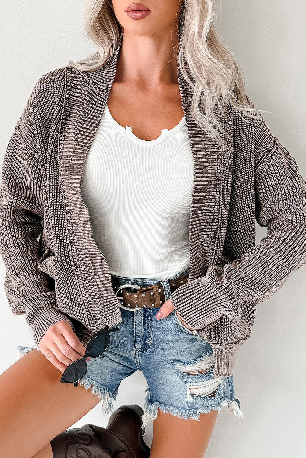 Dark Brown Mineral Wash Exposed Seam Patchwork Knit Open Sweater Cardigan-TOPS / DRESSES-[Adult]-[Female]-Dark Brown-S-2022 Online Blue Zone Planet