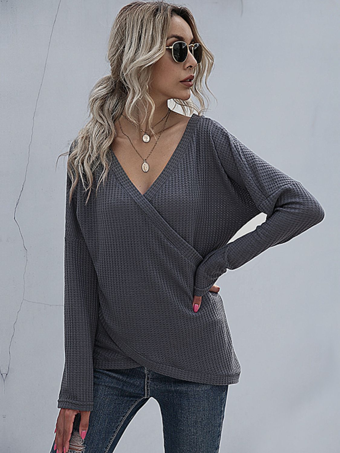 Blue Zone Planet | Perfee Waffle-Knit Surplice Long Sleeve Top-TOPS / DRESSES-[Adult]-[Female]-2022 Online Blue Zone Planet