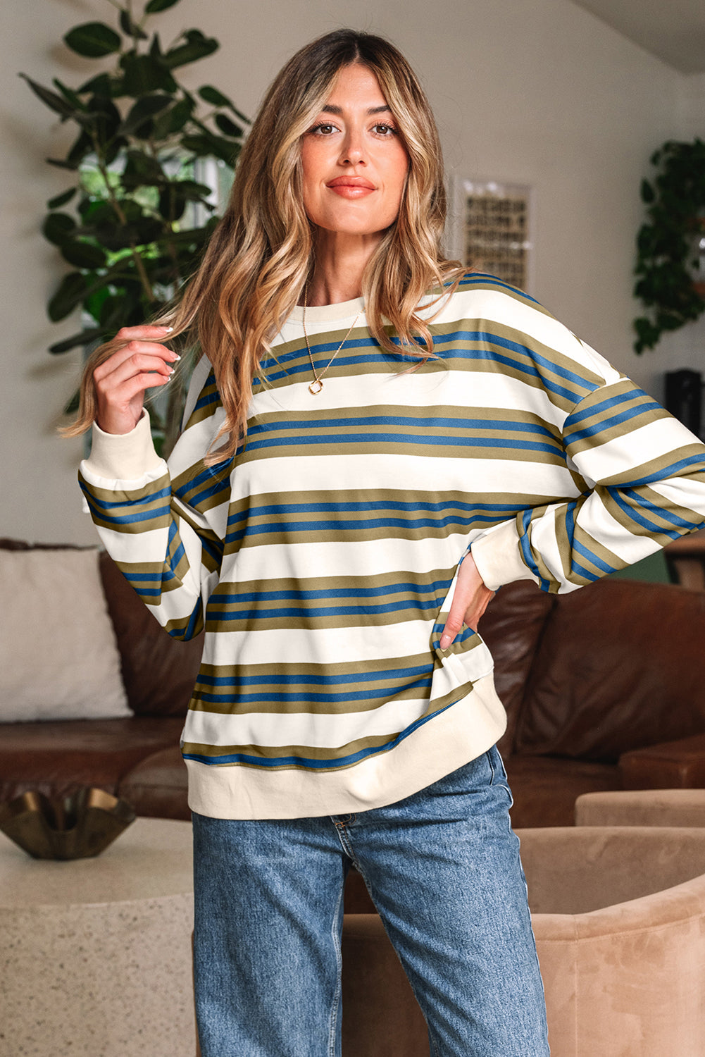 Khaki Stripe Crew Neck Drop Shoulder Pullover Sweatshirt-Tops/Sweatshirts & Hoodies-[Adult]-[Female]-2022 Online Blue Zone Planet