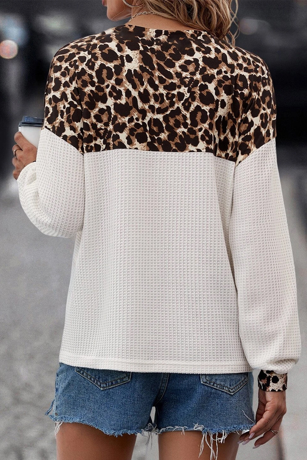 White Leopard Waffle Knit Patchwork Button V Neck Top-Tops/Long Sleeve Tops-[Adult]-[Female]-2022 Online Blue Zone Planet