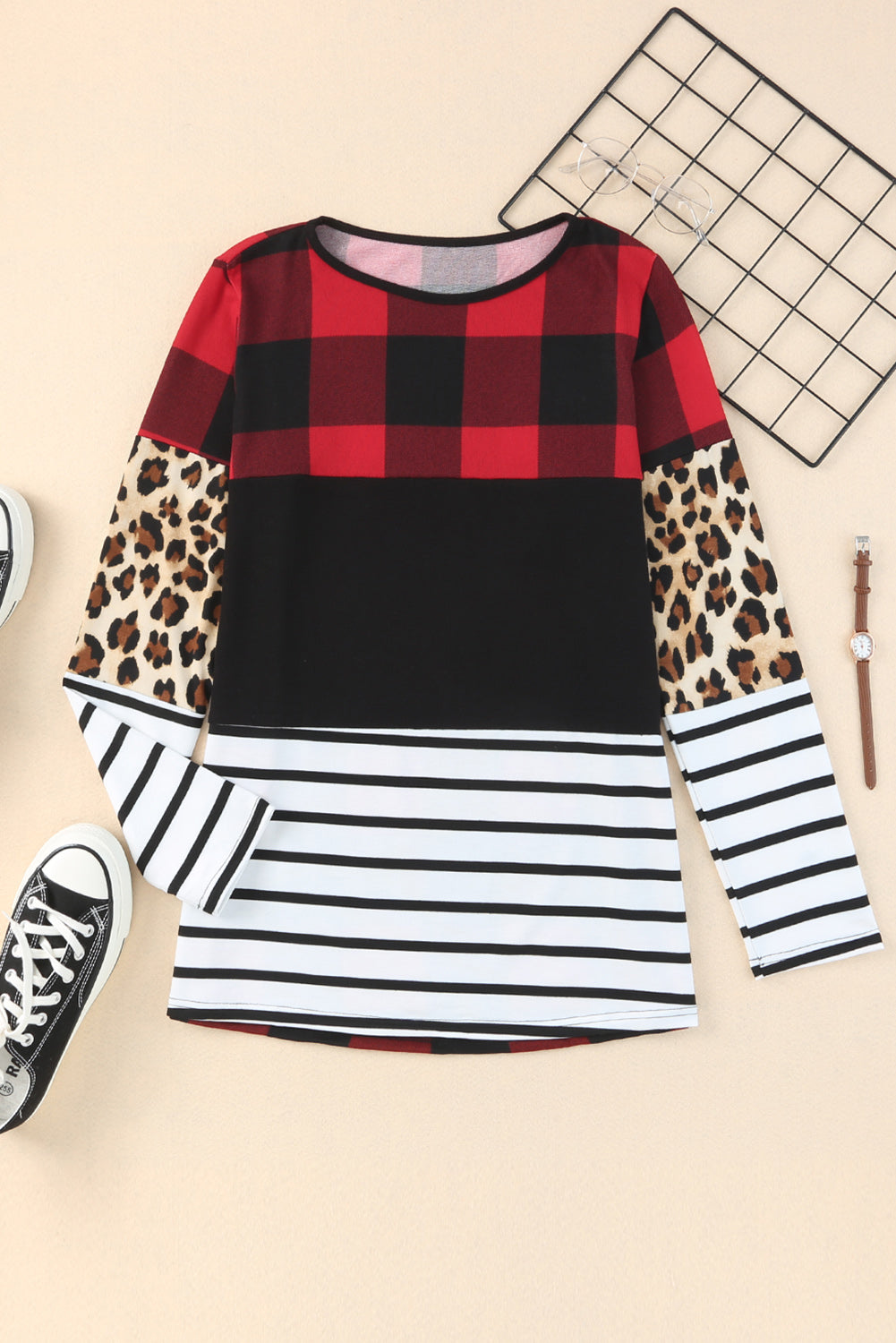 Plaid Print Leopard Splicing Striped Color Block Long Sleeve Top-Sale (50% OFF)/$1.99 SALE-[Adult]-[Female]-2022 Online Blue Zone Planet