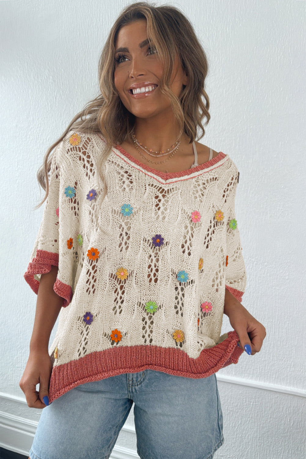 Delicacy Embroidered Flowers Colorblock Edge Hollowed Sweater-TOPS / DRESSES-[Adult]-[Female]-2022 Online Blue Zone Planet