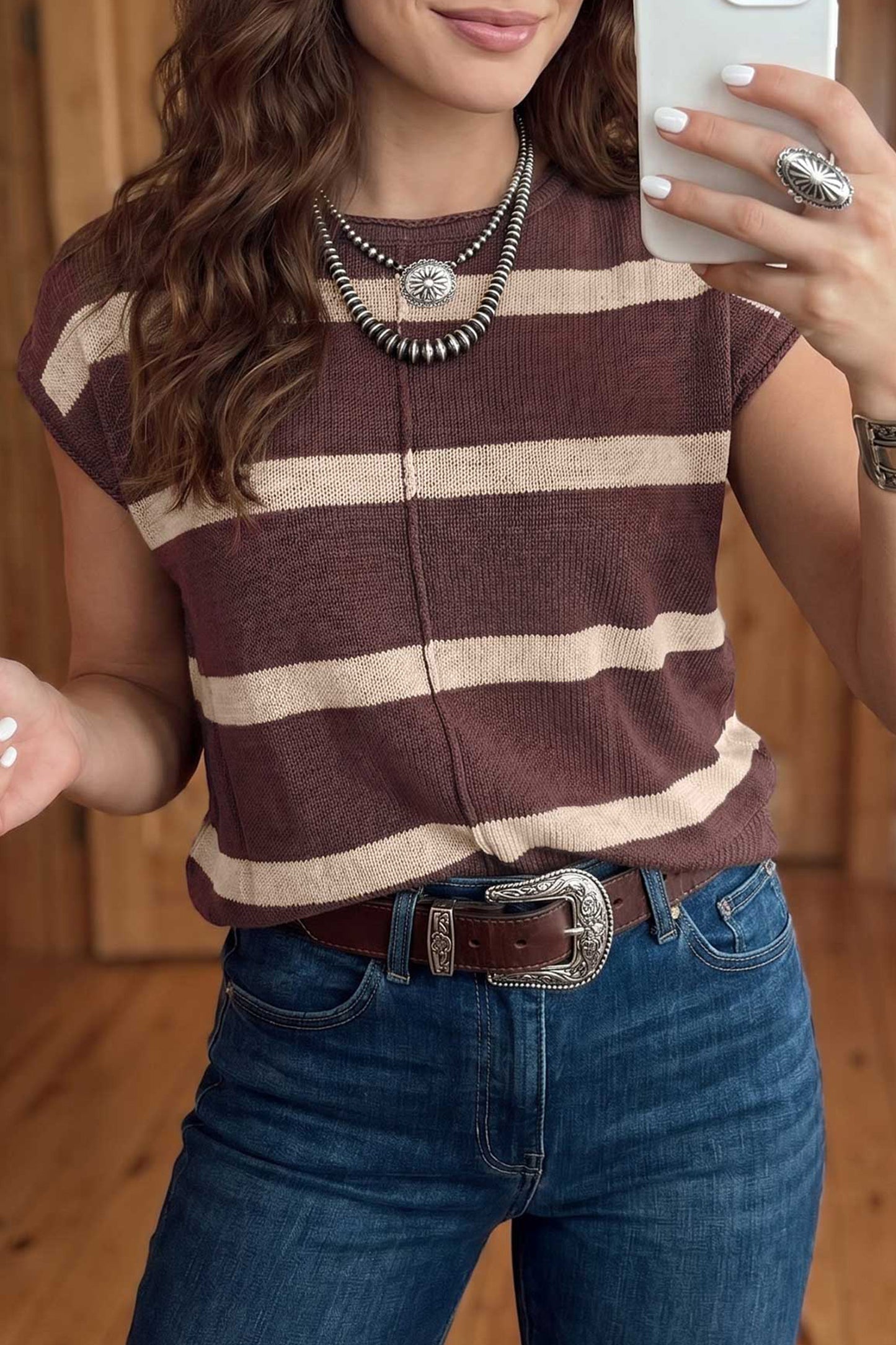 Brown Stripe Knit Western Short Sleeve Sweater-Sweaters & Cardigans/Short Sleeve Sweaters-[Adult]-[Female]-Brown Stripe-S-2022 Online Blue Zone Planet