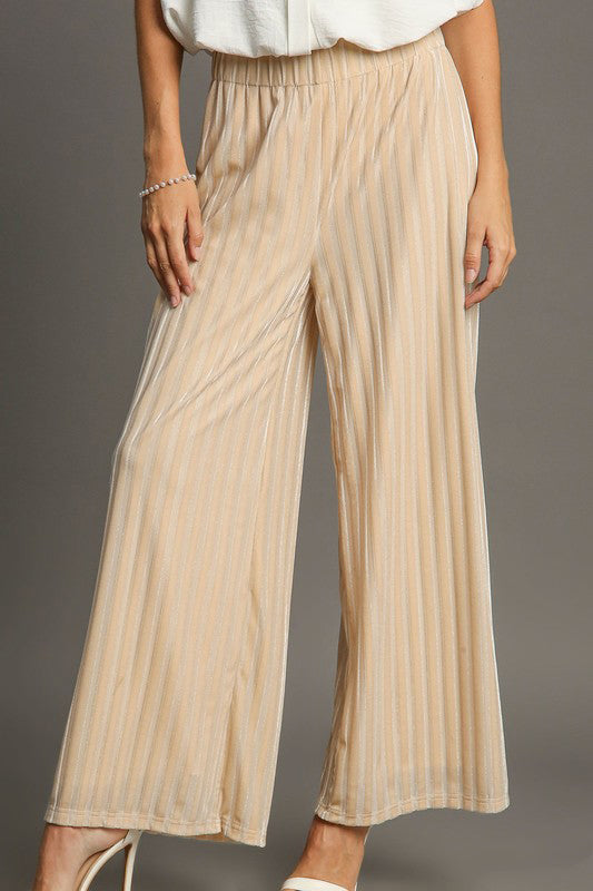 Blue Zone Planet | Umgee Elastic Waist Striped Wide Leg Velvet Pants-BOTTOMS SIZES SMALL MEDIUM LARGE-[Adult]-[Female]-Tan-S-2022 Online Blue Zone Planet