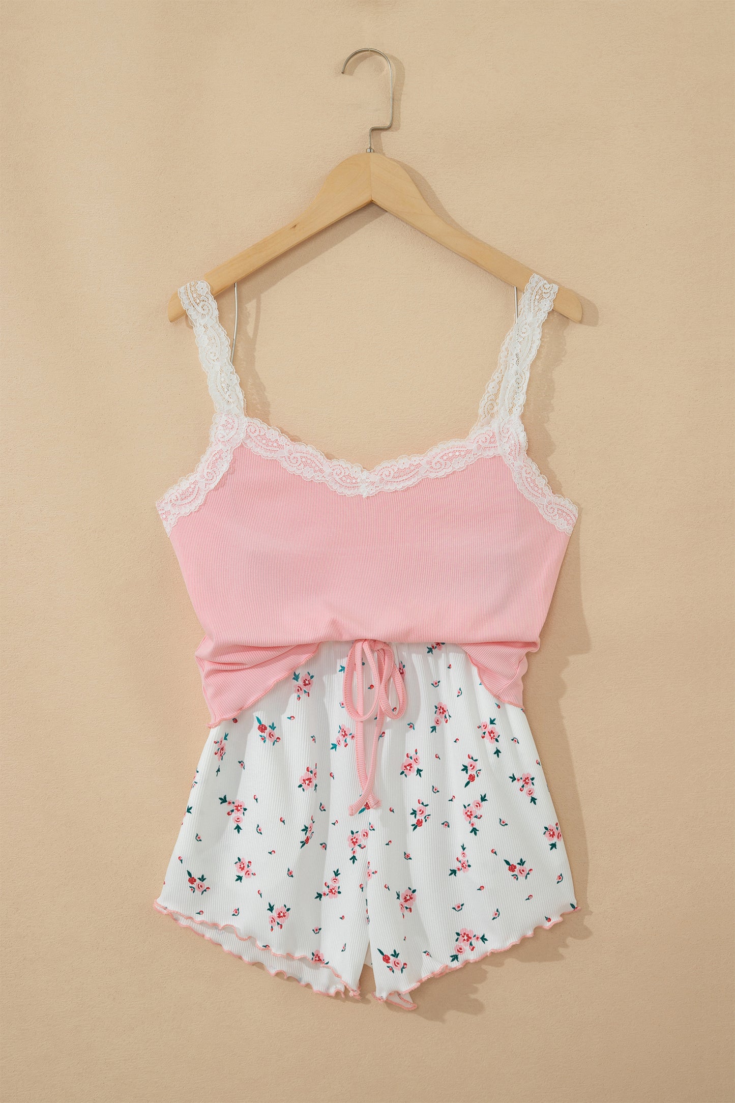 Pink Ribbed Knit Lace Straps Patchwork Lettuce Hem Cropped Top Floral Short Lounge Set-Loungewear & Sleepwear/Loungewear-[Adult]-[Female]-2022 Online Blue Zone Planet