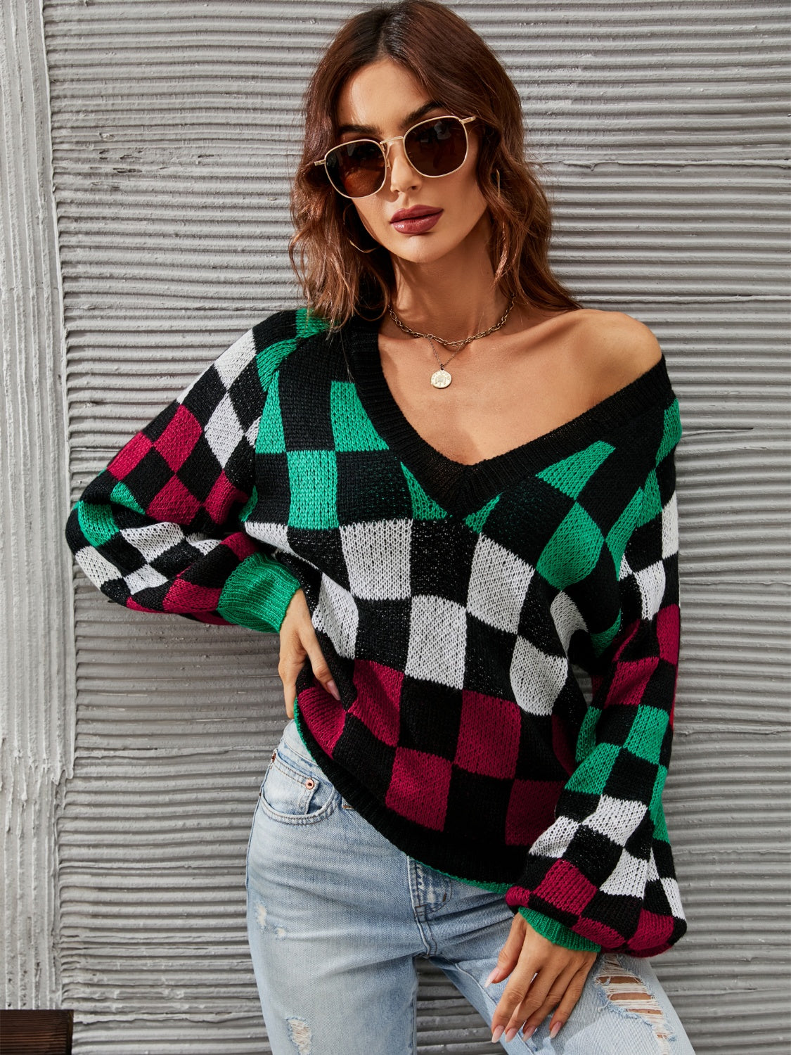 Angel Wings Checkered V-Neck Lantern Sleeve Sweater-TOPS / DRESSES-[Adult]-[Female]-2022 Online Blue Zone Planet