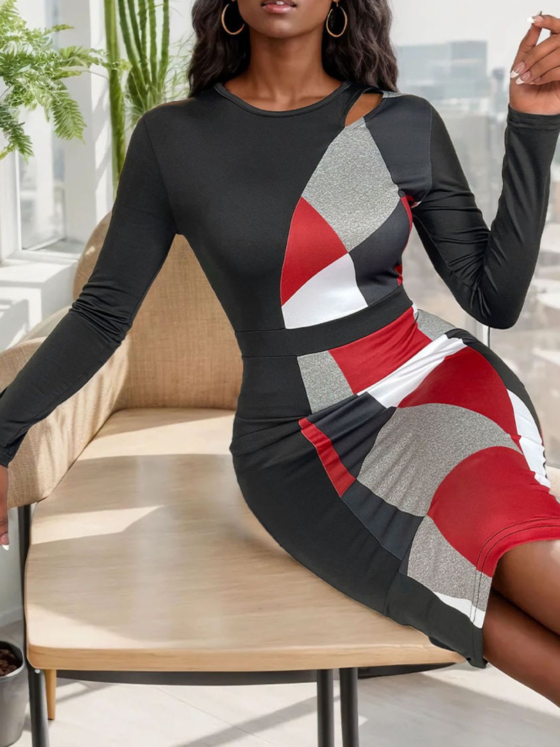 Blue Zone Planet | Cutout Color Block Round Neck Long Sleeve Dress-TOPS / DRESSES-[Adult]-[Female]-2022 Online Blue Zone Planet