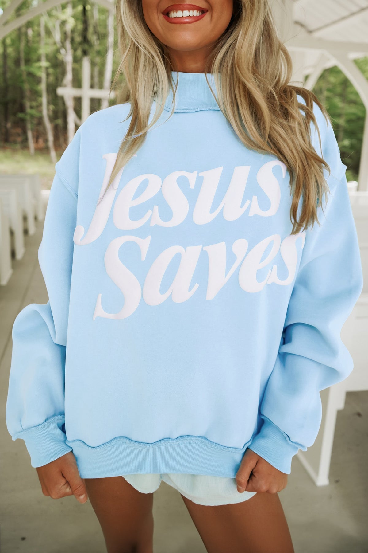 Mist Blue Jesus Saves Slogan Print Stand Neck Baggy Sweatshirt-Tops/Sweatshirts & Hoodies-[Adult]-[Female]-2022 Online Blue Zone Planet